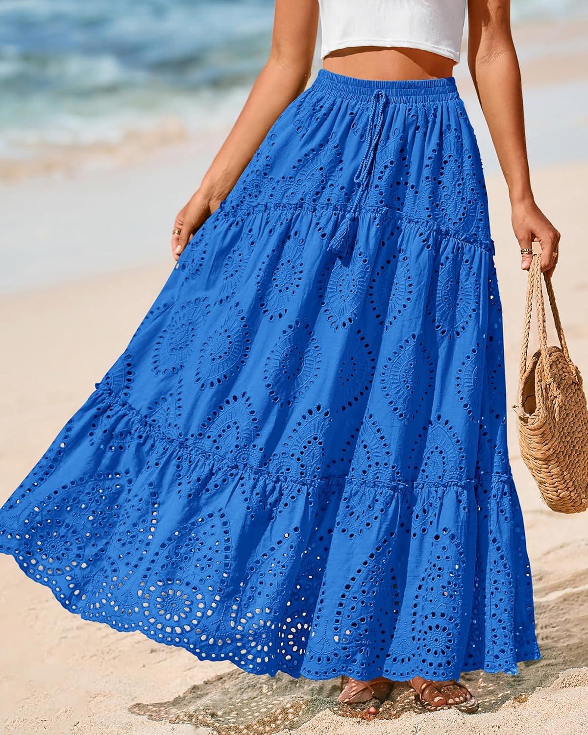 imageBTFBM Women Boho Casual Skirts Summer 2025 Lace Embroidery Eyelet Elastic Waist Flowy Tiered Beach Fall Maxi SkirtBlue