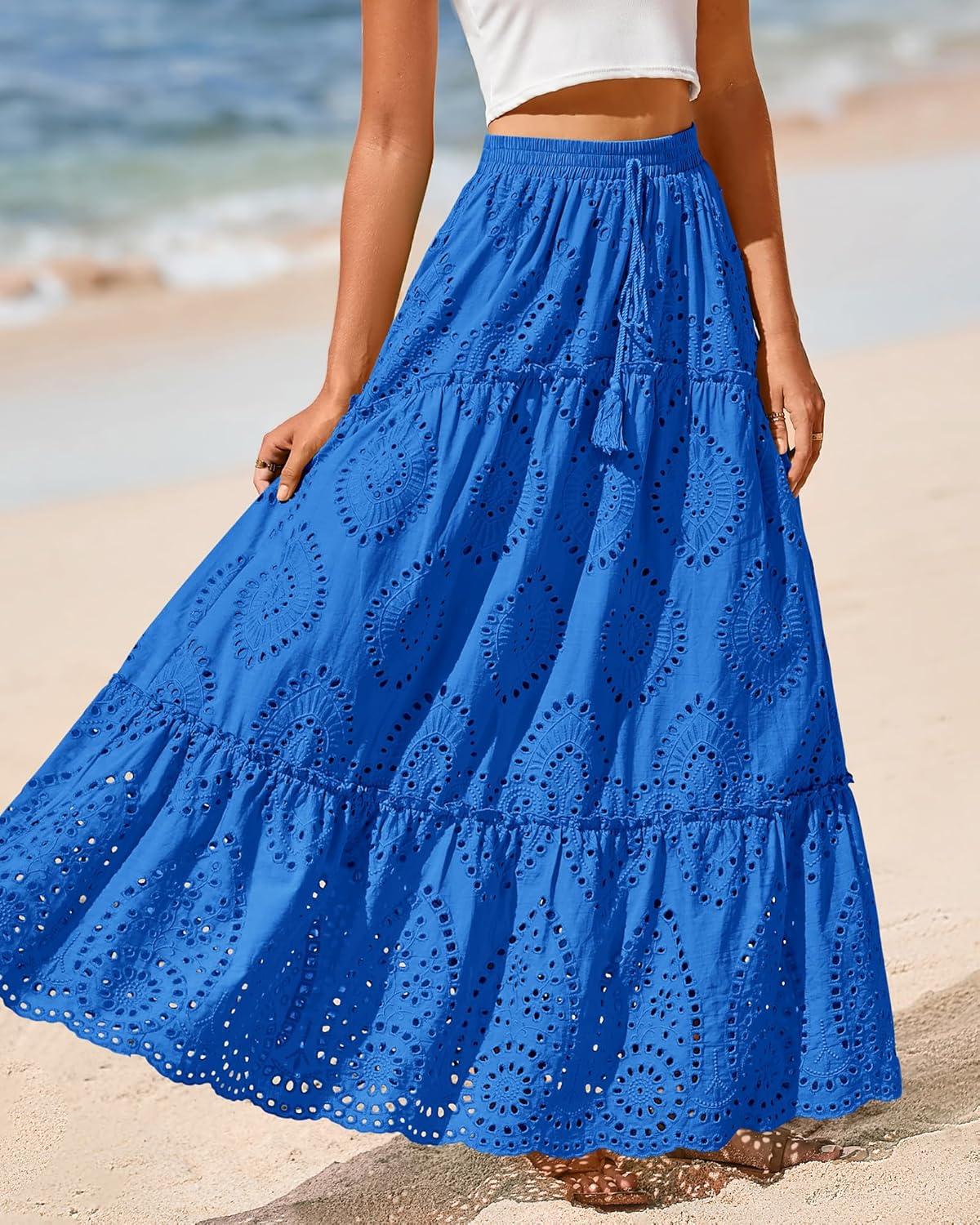 imageBTFBM Women Boho Casual Skirts Summer 2025 Lace Embroidery Eyelet Elastic Waist Flowy Tiered Beach Fall Maxi SkirtBlue