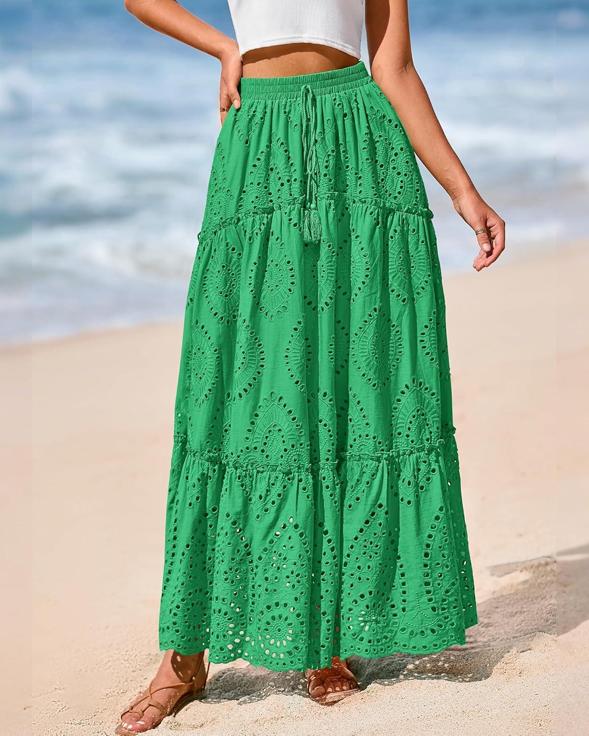 imageBTFBM Women Boho Casual Skirts Summer 2025 Lace Embroidery Eyelet Elastic Waist Flowy Tiered Beach Fall Maxi SkirtGreen