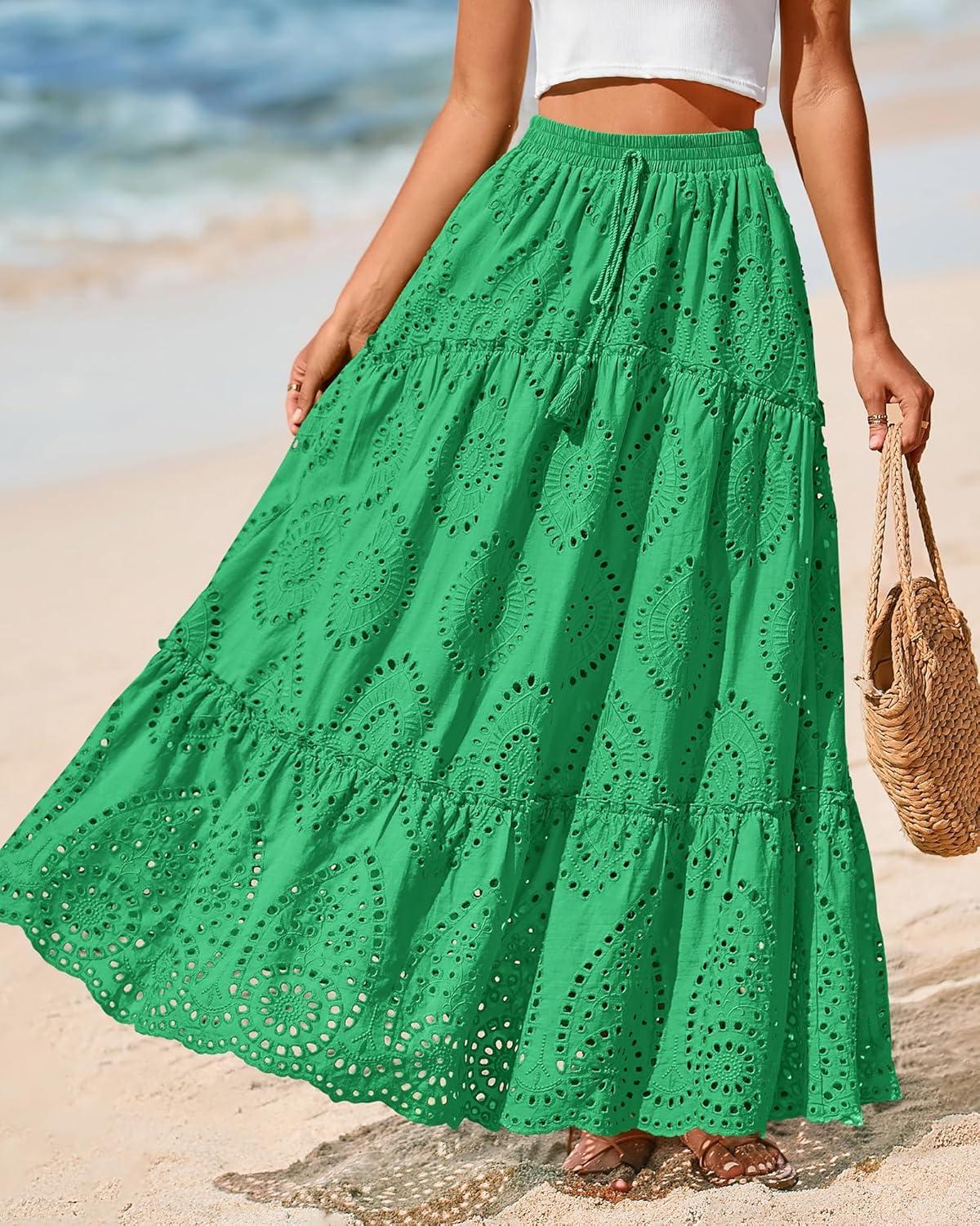 imageBTFBM Women Boho Casual Skirts Summer 2025 Lace Embroidery Eyelet Elastic Waist Flowy Tiered Beach Fall Maxi SkirtGreen