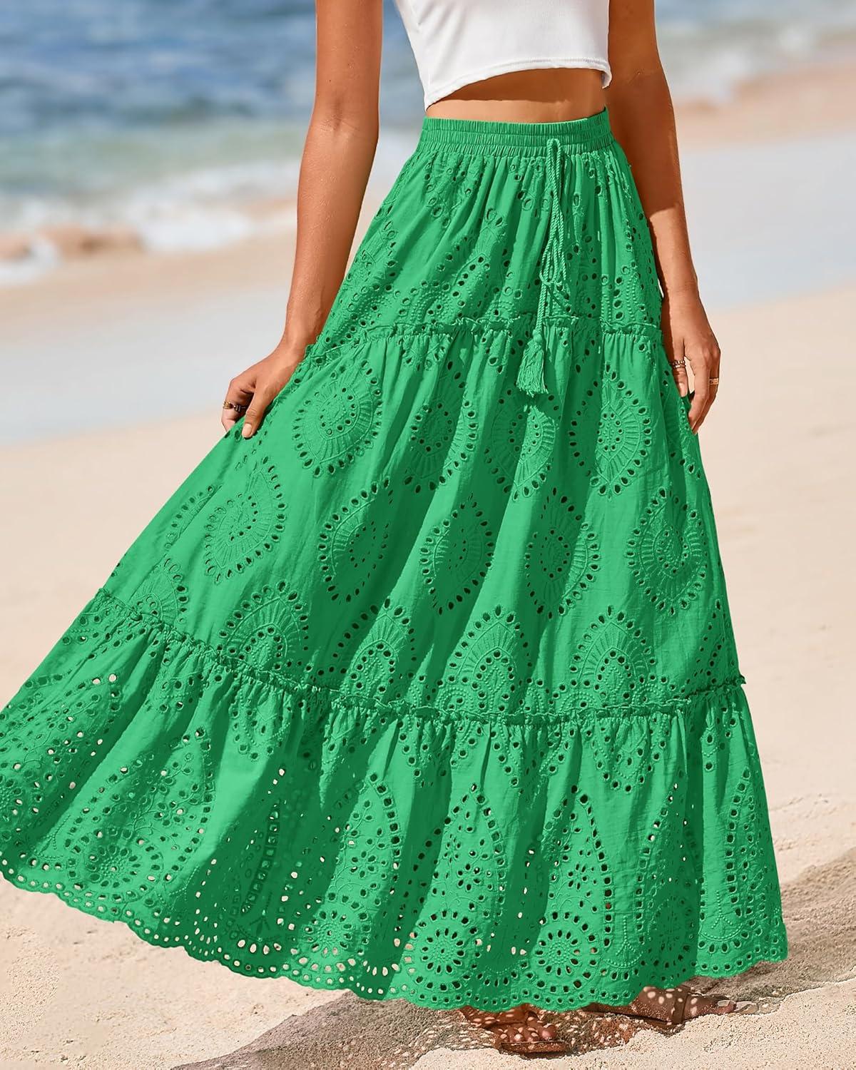 imageBTFBM Women Boho Casual Skirts Summer 2025 Lace Embroidery Eyelet Elastic Waist Flowy Tiered Beach Fall Maxi SkirtGreen