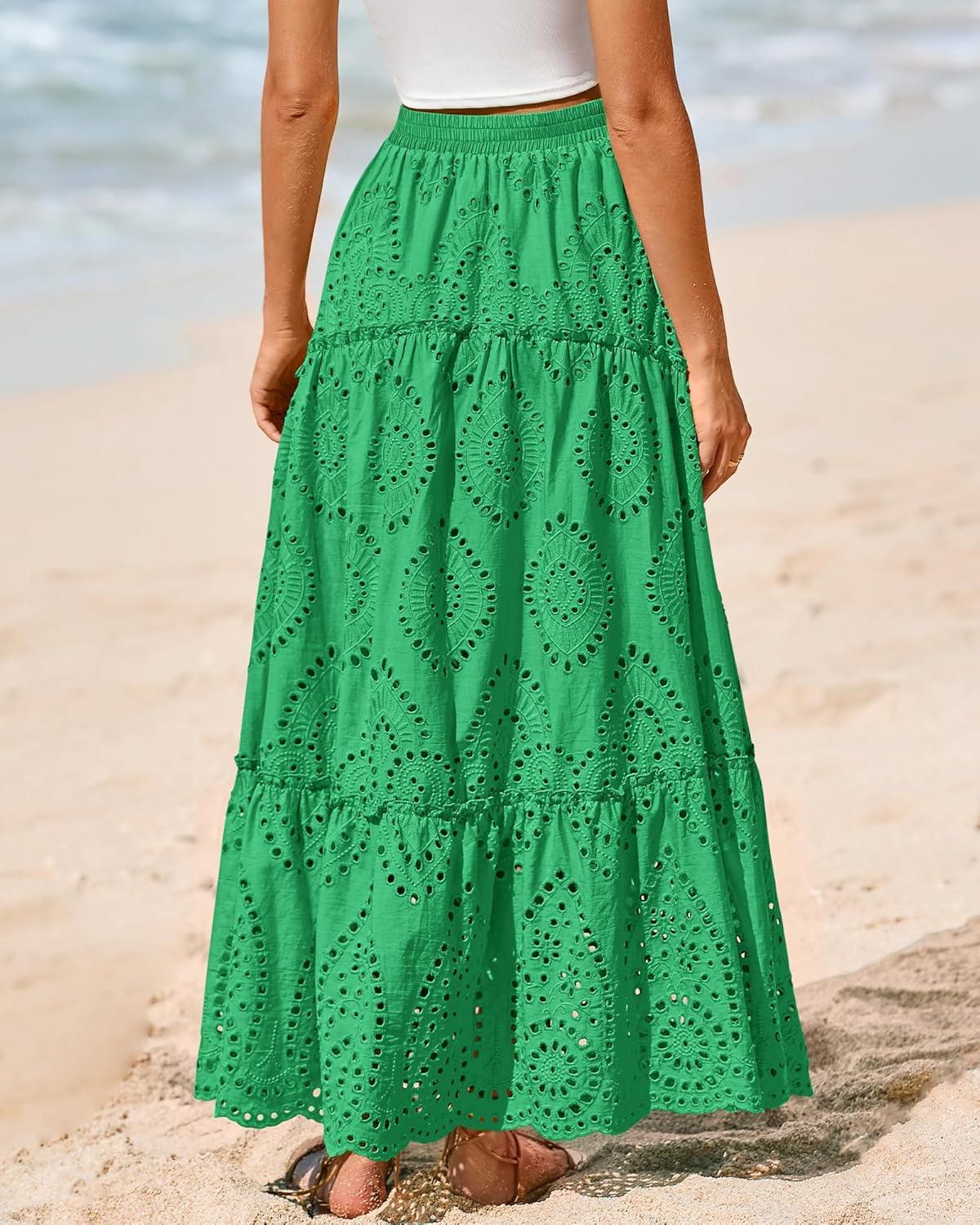 imageBTFBM Women Boho Casual Skirts Summer 2025 Lace Embroidery Eyelet Elastic Waist Flowy Tiered Beach Fall Maxi SkirtGreen