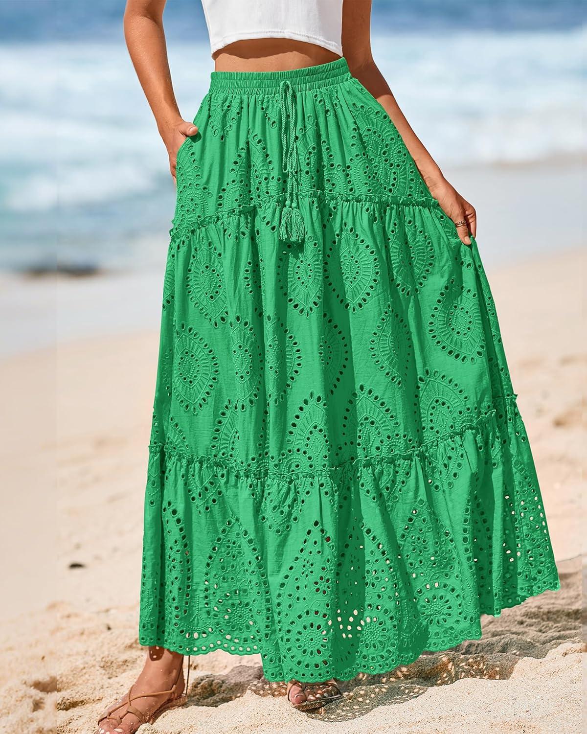 imageBTFBM Women Boho Casual Skirts Summer 2025 Lace Embroidery Eyelet Elastic Waist Flowy Tiered Beach Fall Maxi SkirtGreen