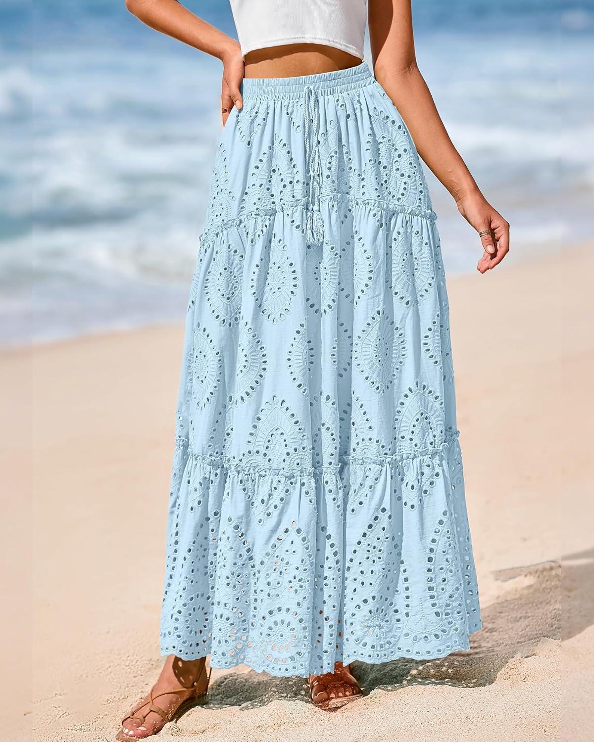 imageBTFBM Women Boho Casual Skirts Summer 2025 Lace Embroidery Eyelet Elastic Waist Flowy Tiered Beach Fall Maxi SkirtLight Blue