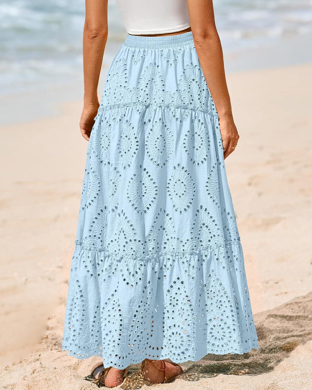 imageBTFBM Women Boho Casual Skirts Summer 2025 Lace Embroidery Eyelet Elastic Waist Flowy Tiered Beach Fall Maxi SkirtLight Blue