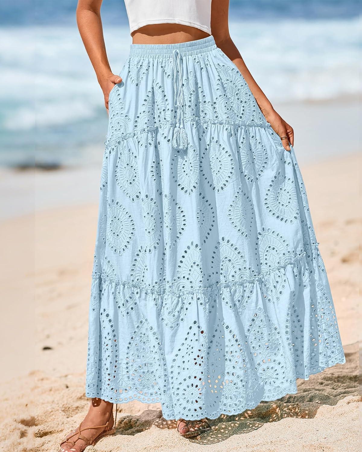 imageBTFBM Women Boho Casual Skirts Summer 2025 Lace Embroidery Eyelet Elastic Waist Flowy Tiered Beach Fall Maxi SkirtLight Blue