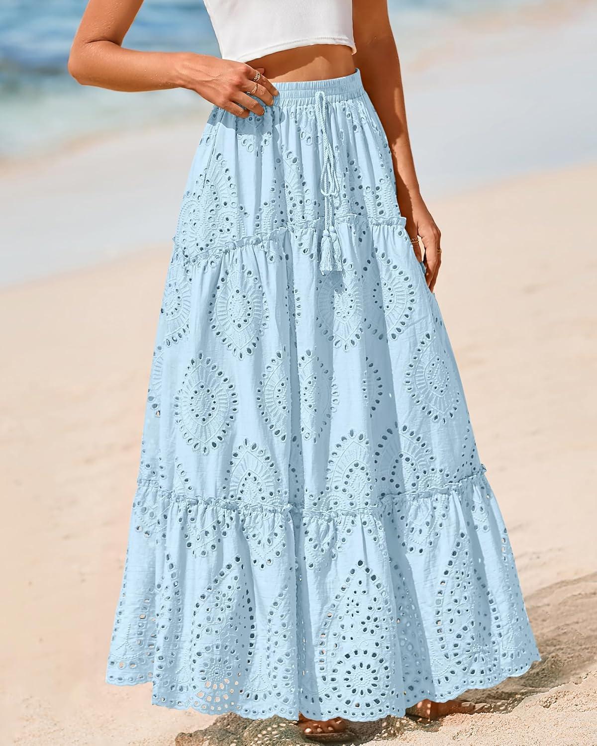 imageBTFBM Women Boho Casual Skirts Summer 2025 Lace Embroidery Eyelet Elastic Waist Flowy Tiered Beach Fall Maxi SkirtLight Blue