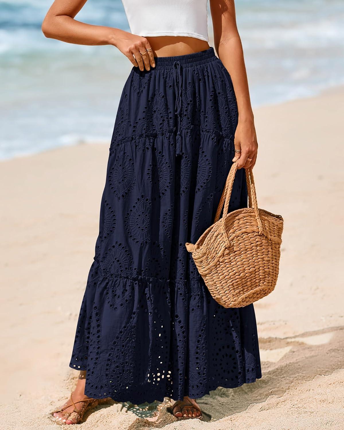 imageBTFBM Women Boho Casual Skirts Summer 2025 Lace Embroidery Eyelet Elastic Waist Flowy Tiered Beach Fall Maxi SkirtNavy