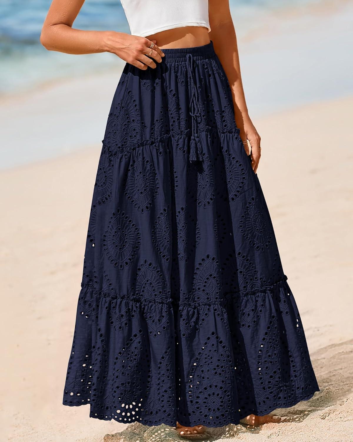 imageBTFBM Women Boho Casual Skirts Summer 2025 Lace Embroidery Eyelet Elastic Waist Flowy Tiered Beach Fall Maxi SkirtNavy