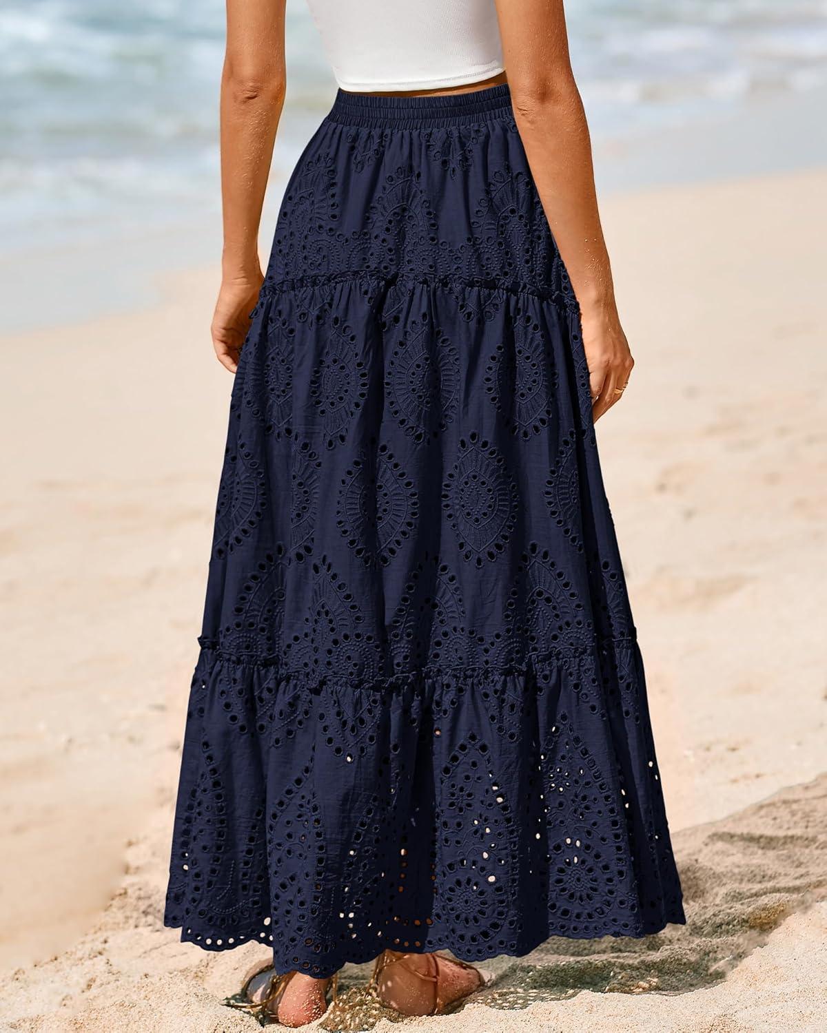 imageBTFBM Women Boho Casual Skirts Summer 2025 Lace Embroidery Eyelet Elastic Waist Flowy Tiered Beach Fall Maxi SkirtNavy
