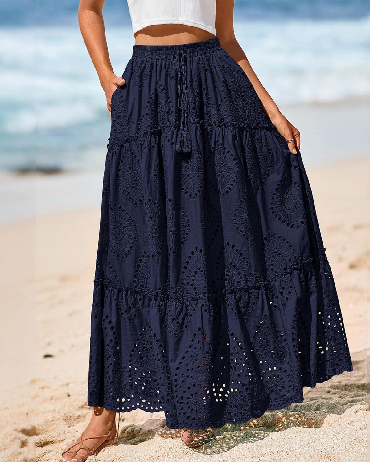 imageBTFBM Women Boho Casual Skirts Summer 2025 Lace Embroidery Eyelet Elastic Waist Flowy Tiered Beach Fall Maxi SkirtNavy