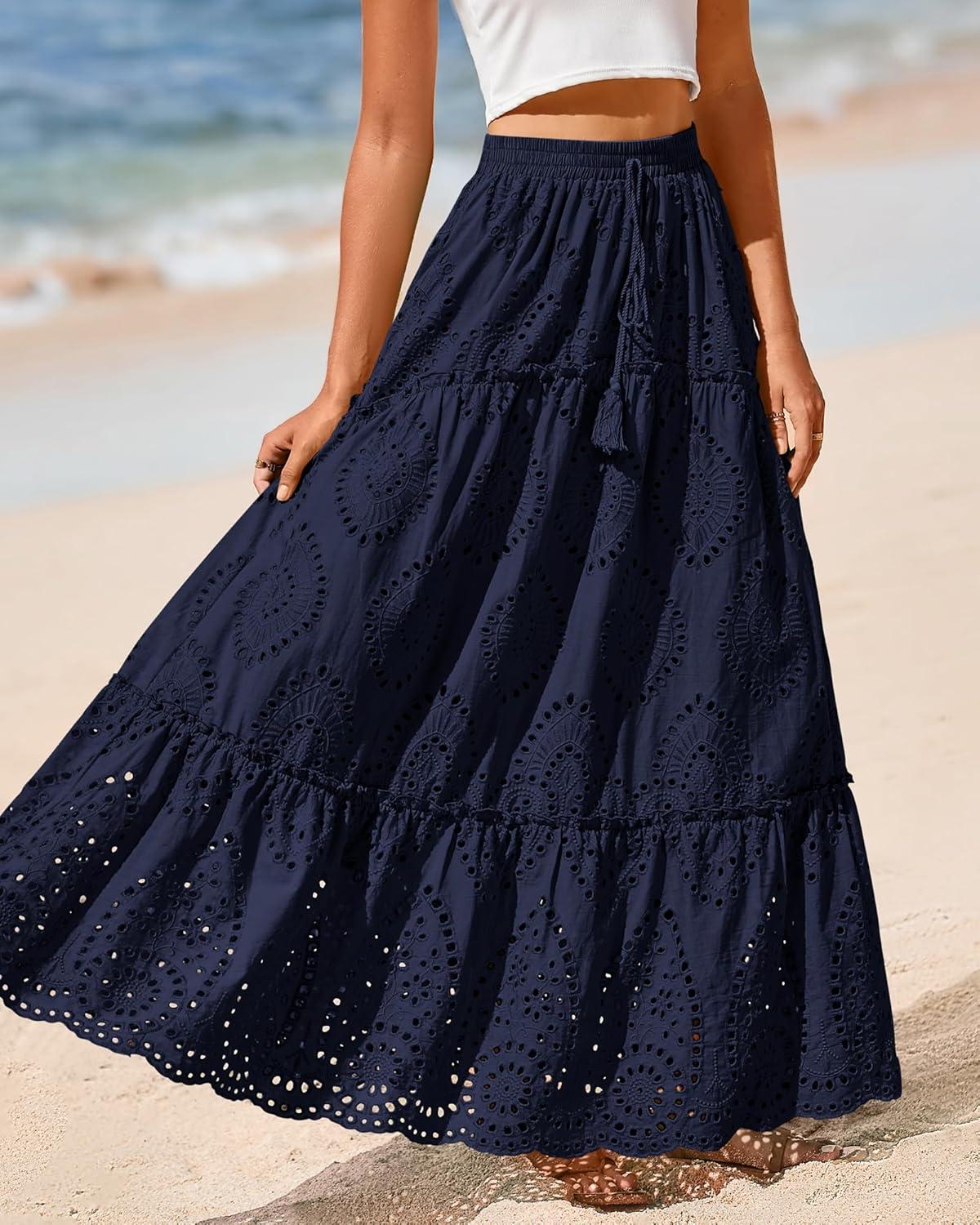 imageBTFBM Women Boho Casual Skirts Summer 2025 Lace Embroidery Eyelet Elastic Waist Flowy Tiered Beach Fall Maxi SkirtNavy