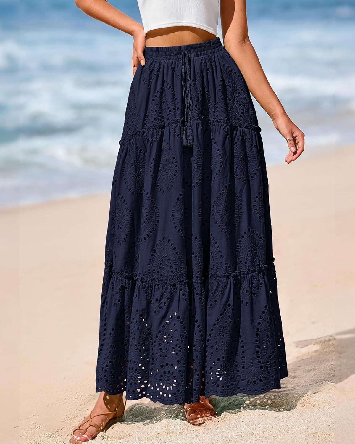imageBTFBM Women Boho Casual Skirts Summer 2025 Lace Embroidery Eyelet Elastic Waist Flowy Tiered Beach Fall Maxi SkirtNavy
