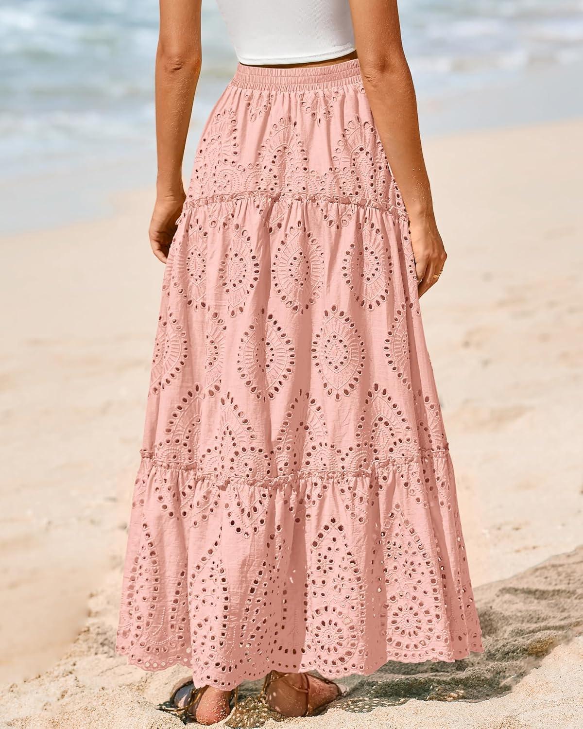 imageBTFBM Women Boho Casual Skirts Summer 2025 Lace Embroidery Eyelet Elastic Waist Flowy Tiered Beach Fall Maxi SkirtPink