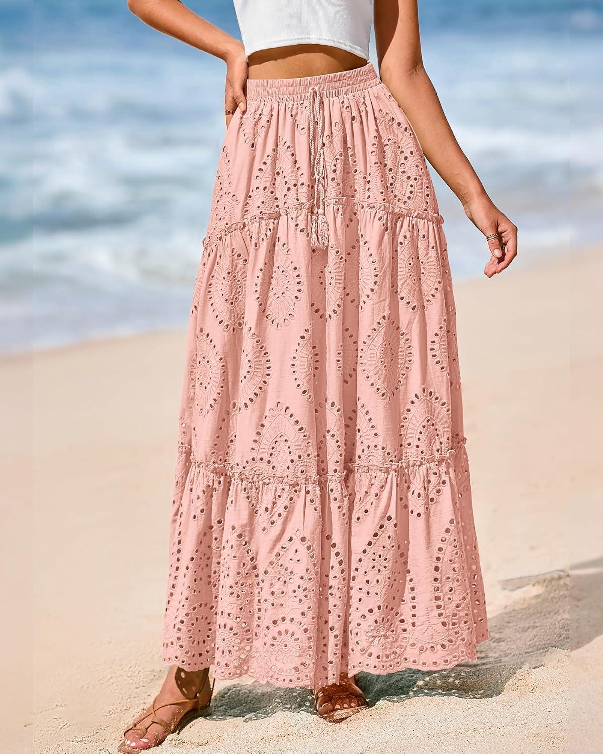 imageBTFBM Women Boho Casual Skirts Summer 2025 Lace Embroidery Eyelet Elastic Waist Flowy Tiered Beach Fall Maxi SkirtPink