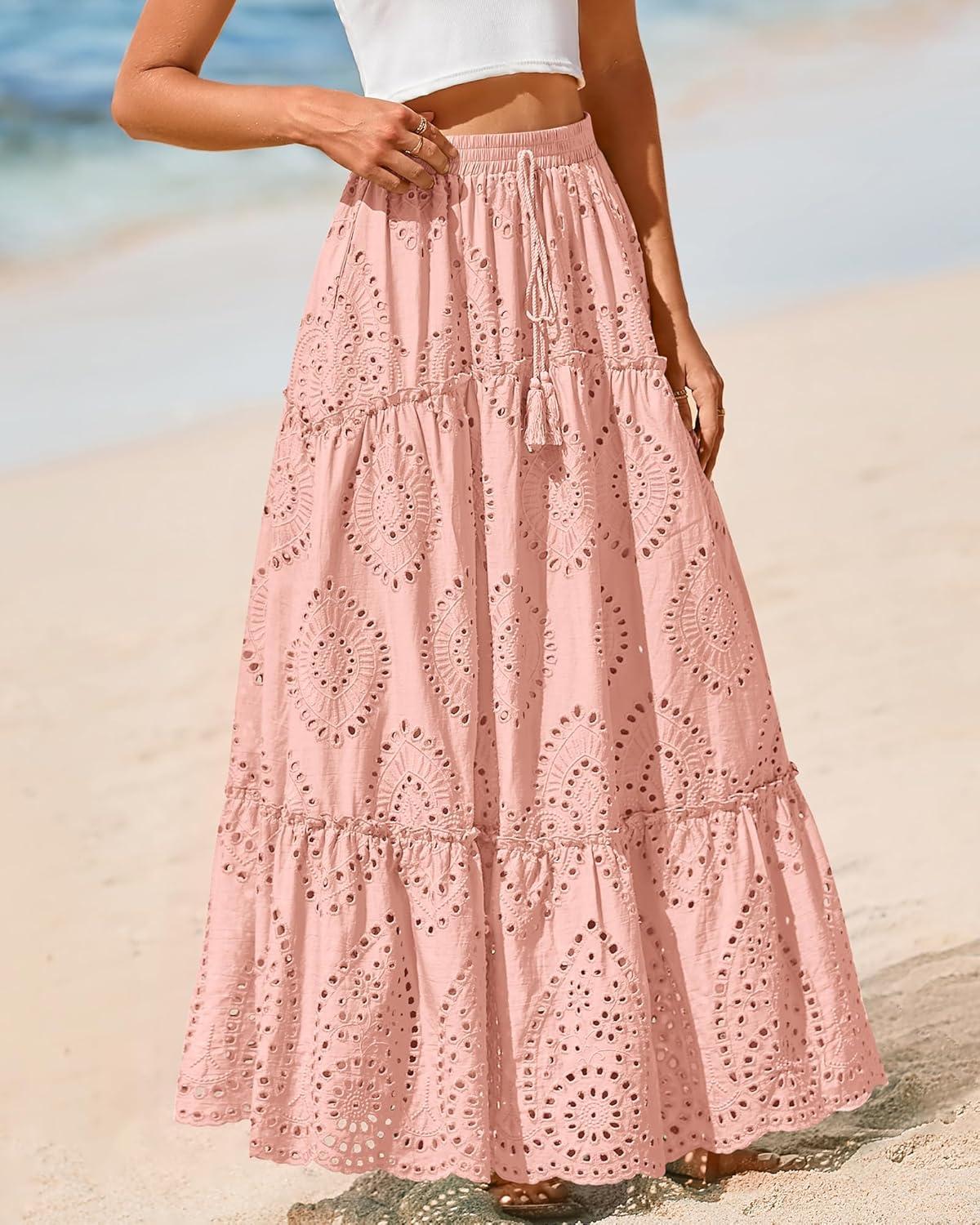 imageBTFBM Women Boho Casual Skirts Summer 2025 Lace Embroidery Eyelet Elastic Waist Flowy Tiered Beach Fall Maxi SkirtPink