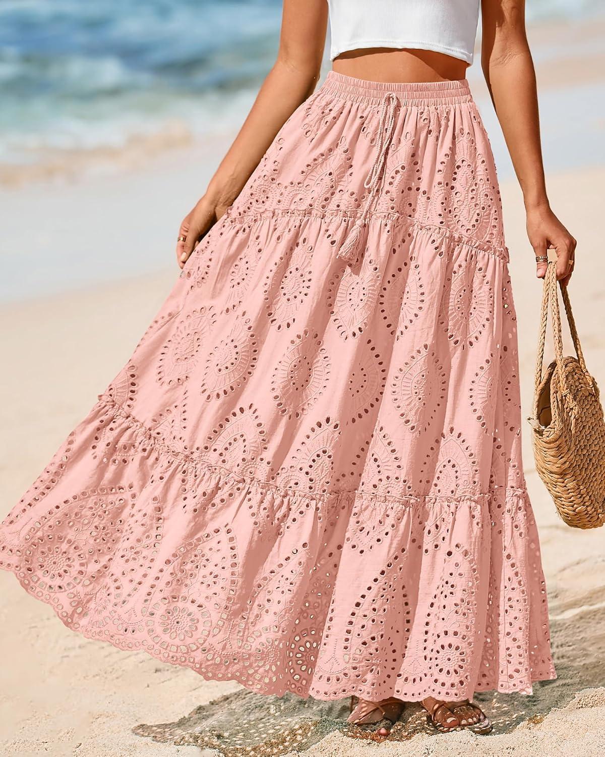 imageBTFBM Women Boho Casual Skirts Summer 2025 Lace Embroidery Eyelet Elastic Waist Flowy Tiered Beach Fall Maxi SkirtPink