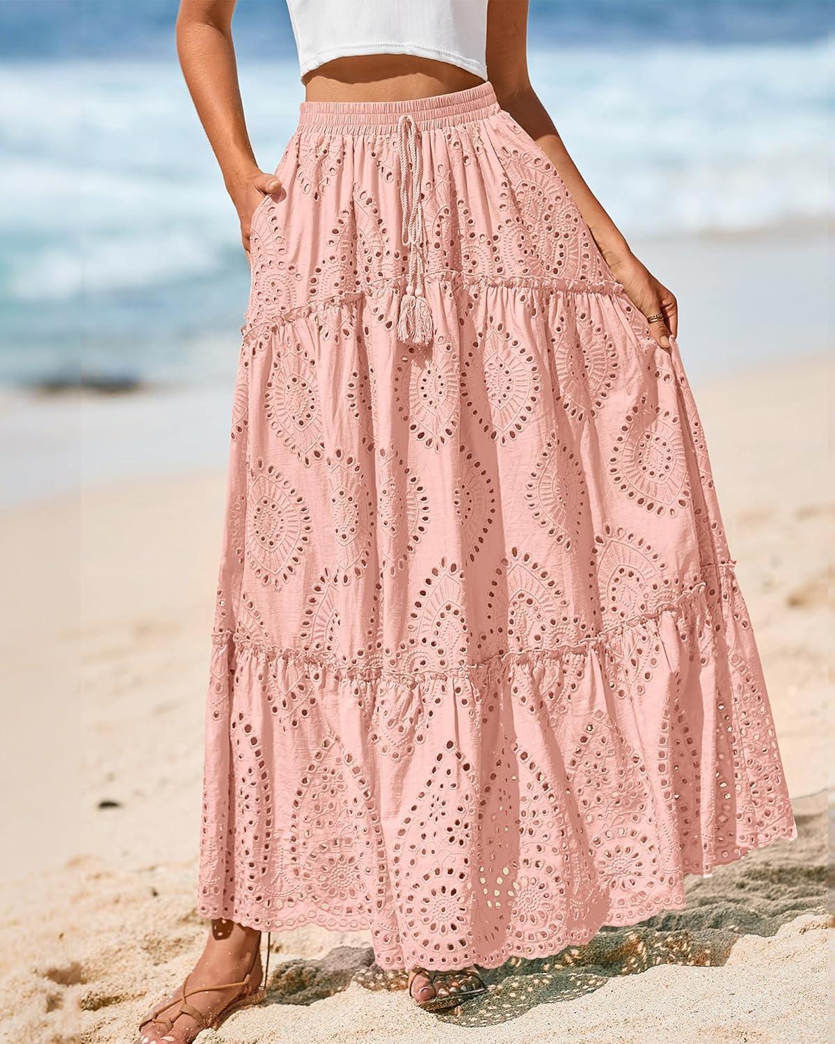 imageBTFBM Women Boho Casual Skirts Summer 2025 Lace Embroidery Eyelet Elastic Waist Flowy Tiered Beach Fall Maxi SkirtPink