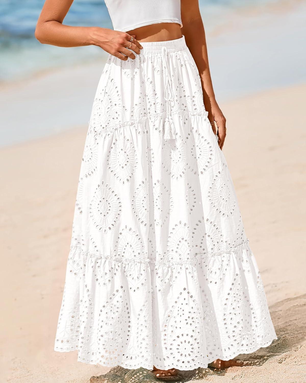 imageBTFBM Women Boho Casual Skirts Summer 2025 Lace Embroidery Eyelet Elastic Waist Flowy Tiered Beach Fall Maxi SkirtWhite