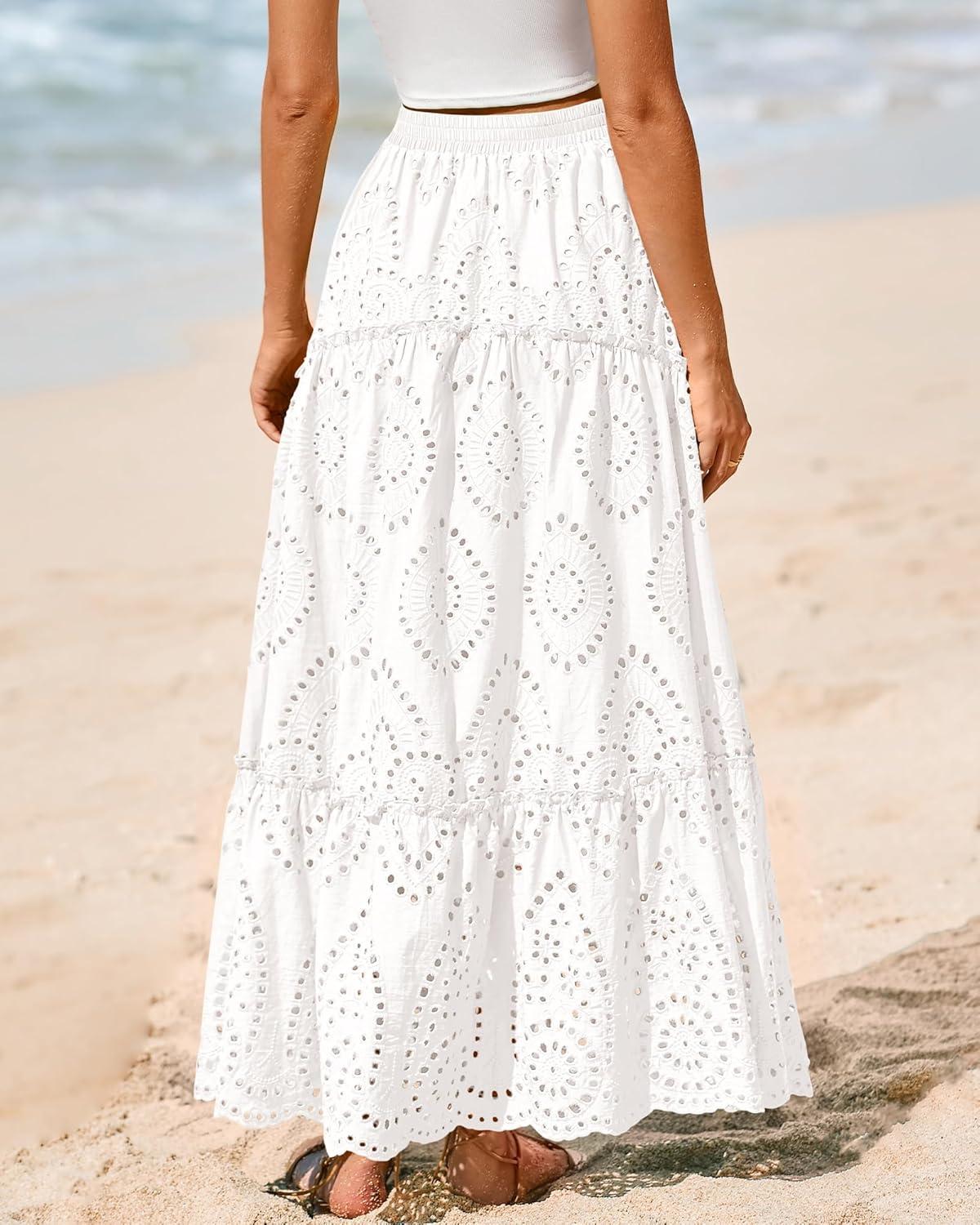 imageBTFBM Women Boho Casual Skirts Summer 2025 Lace Embroidery Eyelet Elastic Waist Flowy Tiered Beach Fall Maxi SkirtWhite