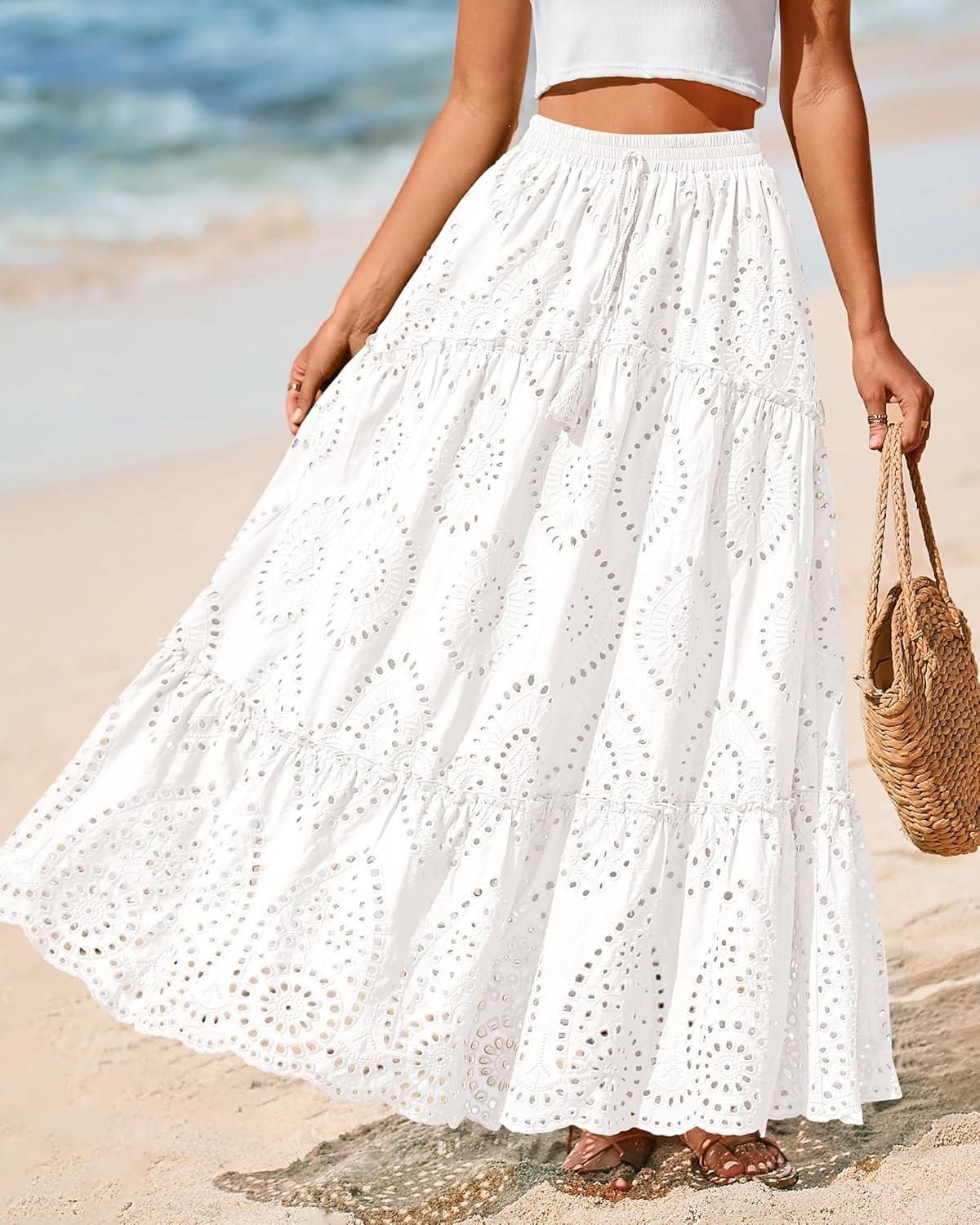 imageBTFBM Women Boho Casual Skirts Summer 2025 Lace Embroidery Eyelet Elastic Waist Flowy Tiered Beach Fall Maxi SkirtWhite
