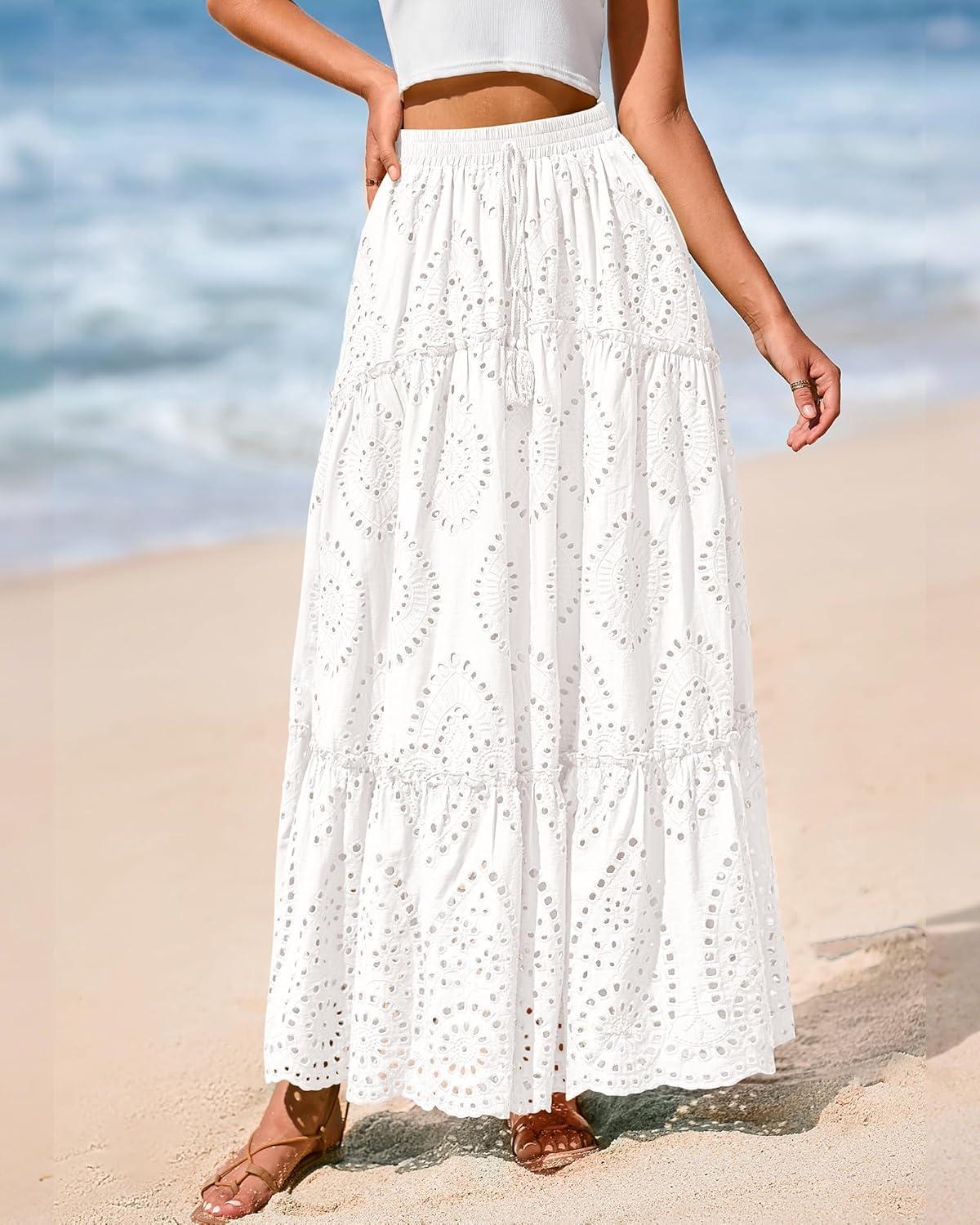 imageBTFBM Women Boho Casual Skirts Summer 2025 Lace Embroidery Eyelet Elastic Waist Flowy Tiered Beach Fall Maxi SkirtWhite