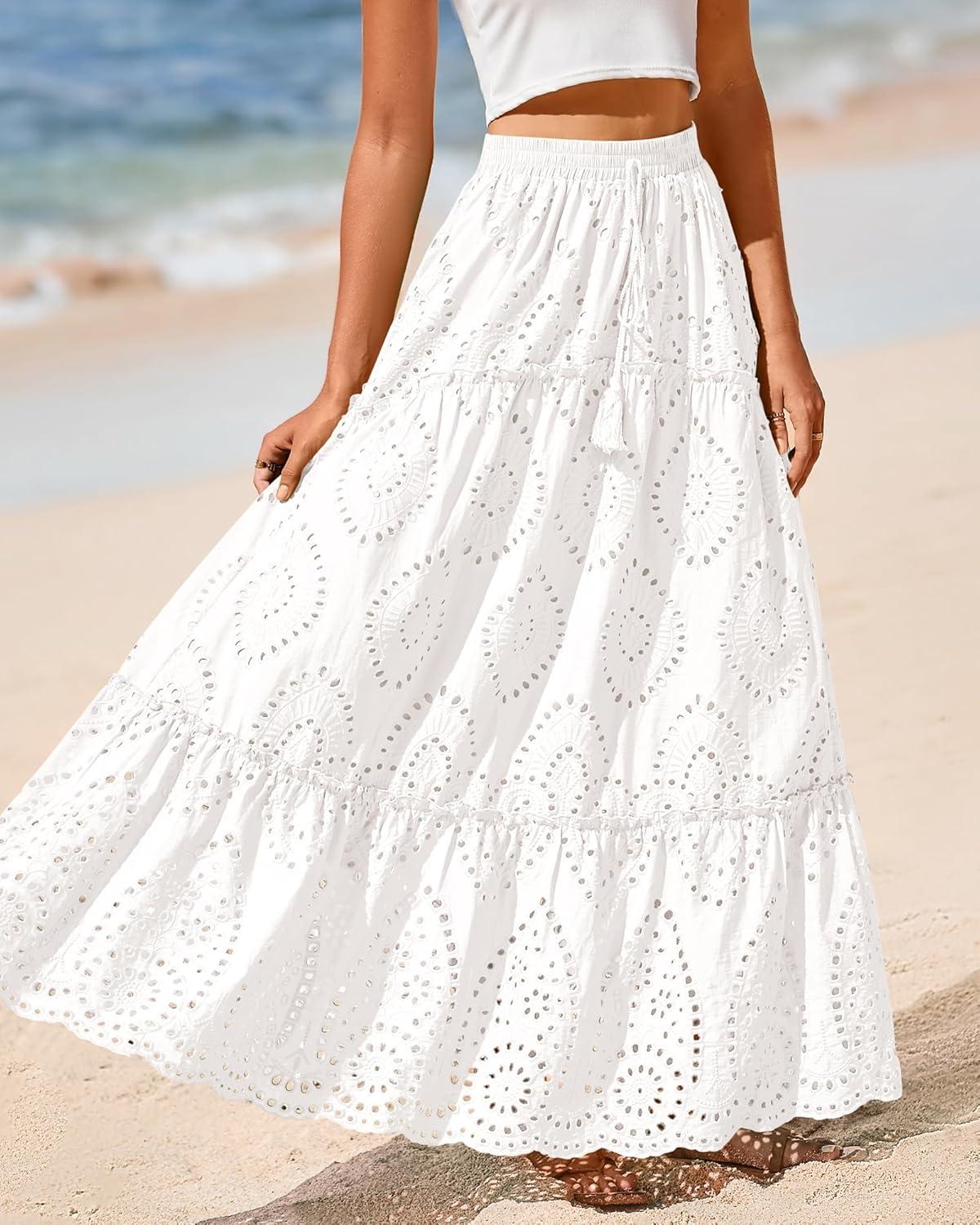 imageBTFBM Women Boho Casual Skirts Summer 2025 Lace Embroidery Eyelet Elastic Waist Flowy Tiered Beach Fall Maxi SkirtWhite