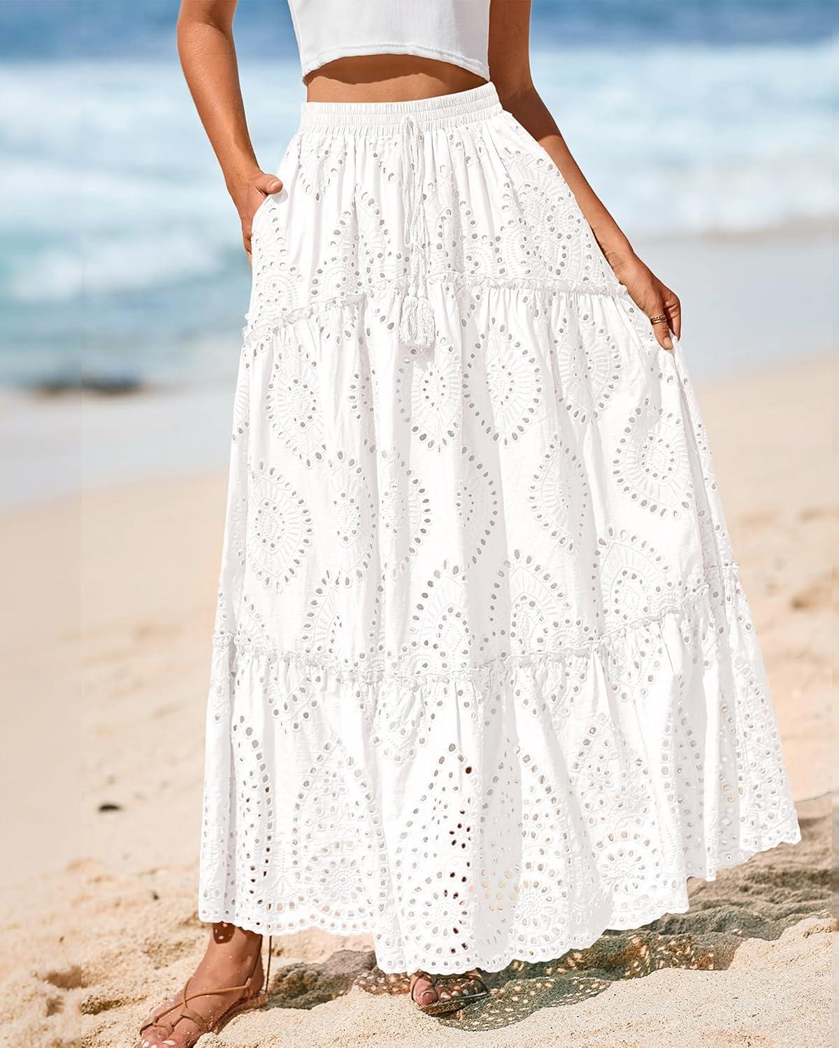 imageBTFBM Women Boho Casual Skirts Summer 2025 Lace Embroidery Eyelet Elastic Waist Flowy Tiered Beach Fall Maxi SkirtWhite