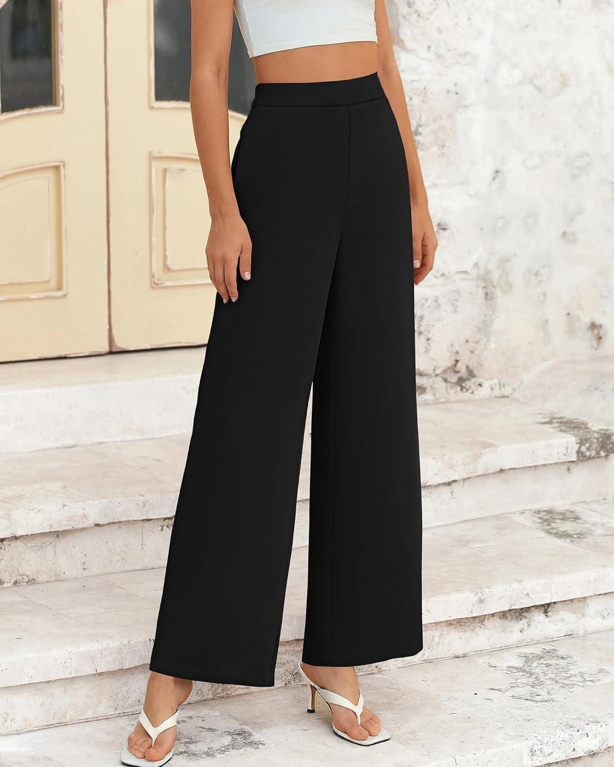imageBTFBM Women High Waisted Wide Leg Pants Fall 2025 Business Casual Work Dress Pants Loose Office Palazzo Trousers PocketsBlack