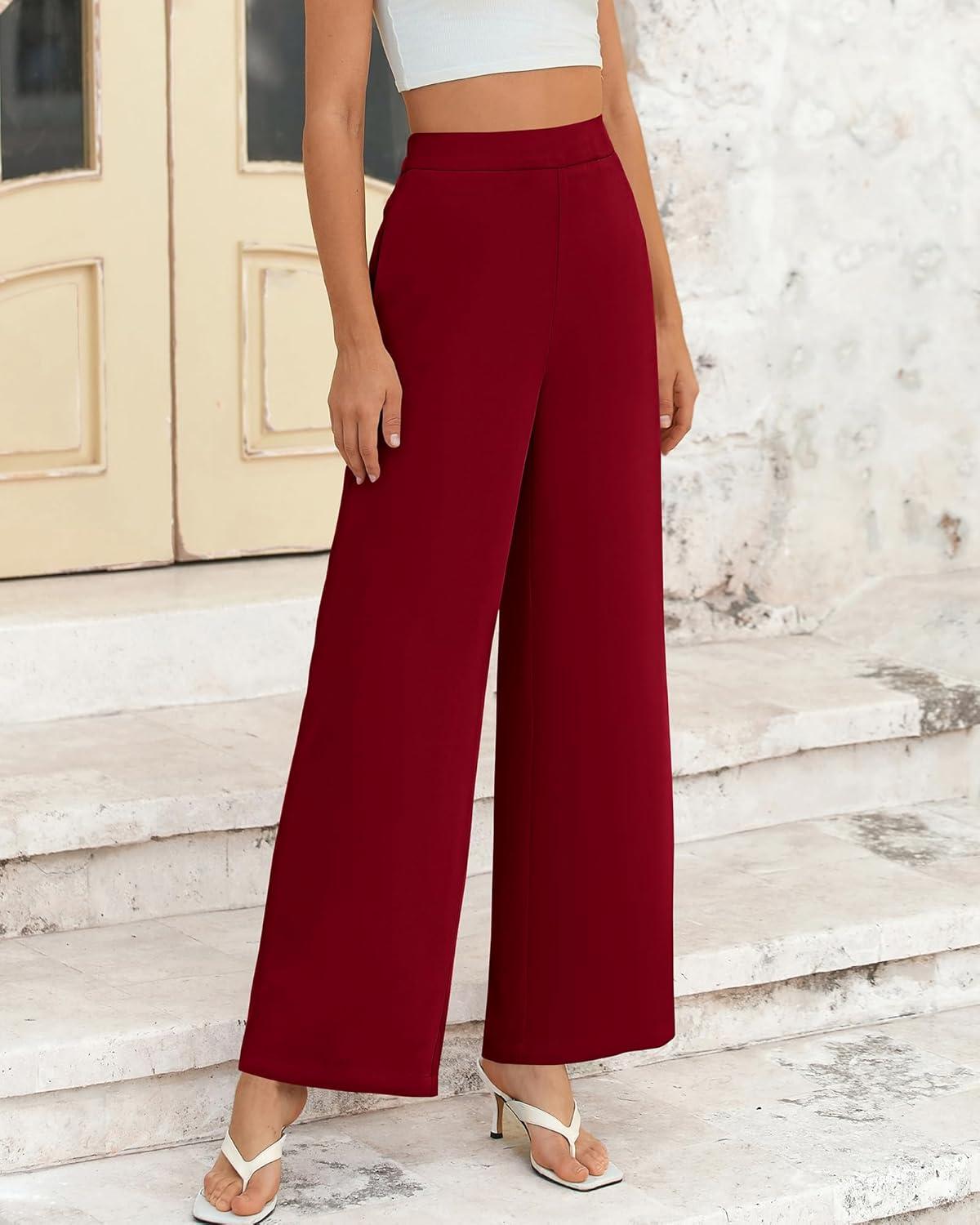 imageBTFBM Women High Waisted Wide Leg Pants Fall 2025 Business Casual Work Dress Pants Loose Office Palazzo Trousers PocketsBurgundy