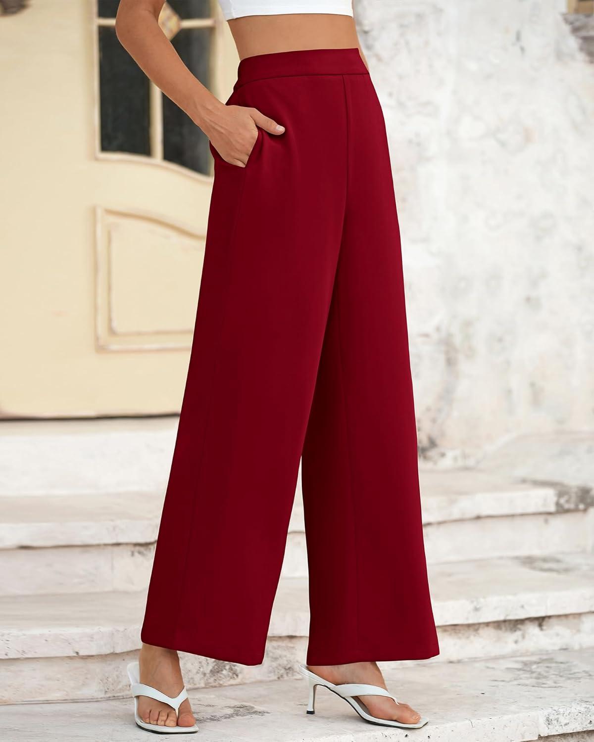 imageBTFBM Women High Waisted Wide Leg Pants Fall 2025 Business Casual Work Dress Pants Loose Office Palazzo Trousers PocketsBurgundy