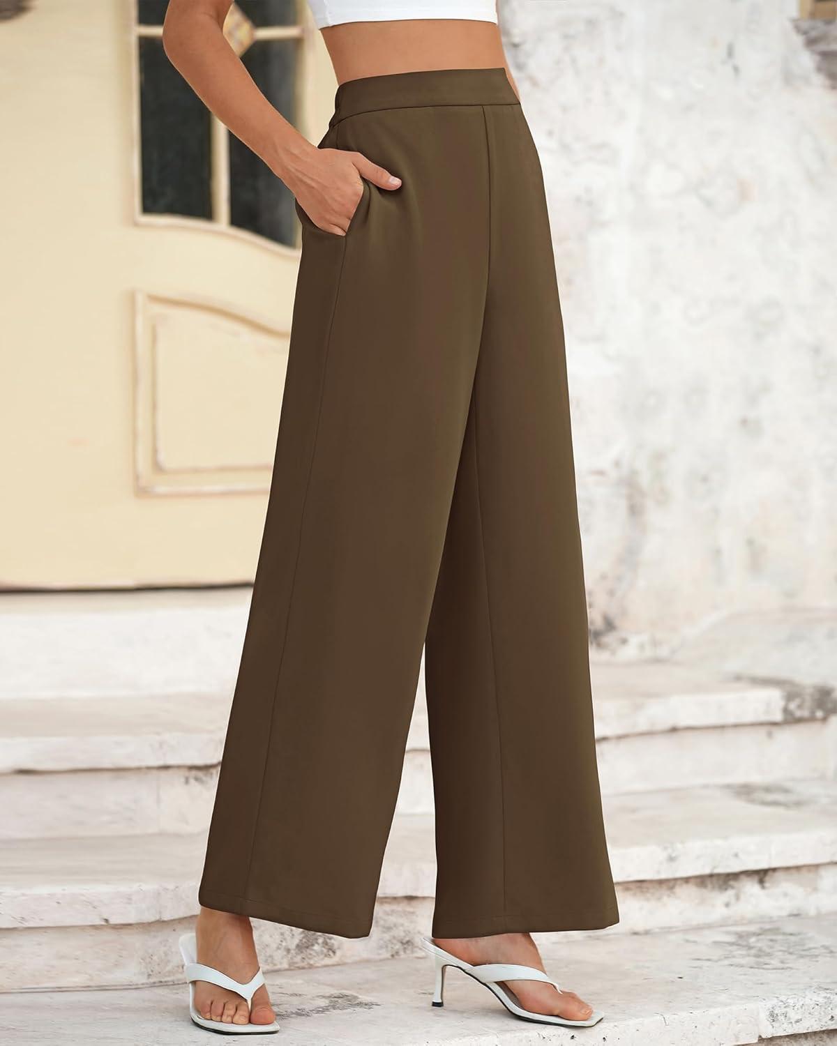 imageBTFBM Women High Waisted Wide Leg Pants Fall 2025 Business Casual Work Dress Pants Loose Office Palazzo Trousers PocketsCoffee
