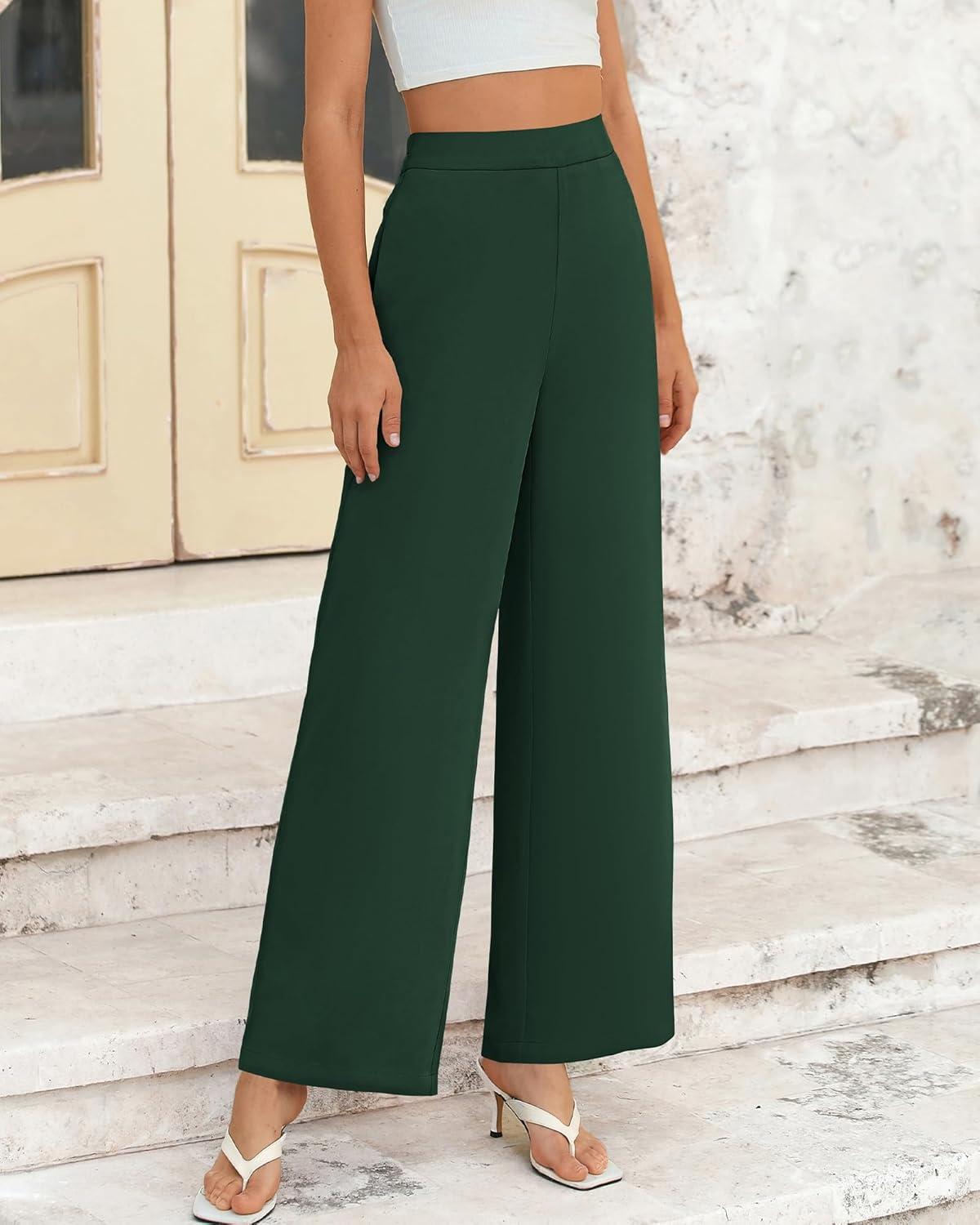 imageBTFBM Women High Waisted Wide Leg Pants Fall 2025 Business Casual Work Dress Pants Loose Office Palazzo Trousers PocketsDark Green