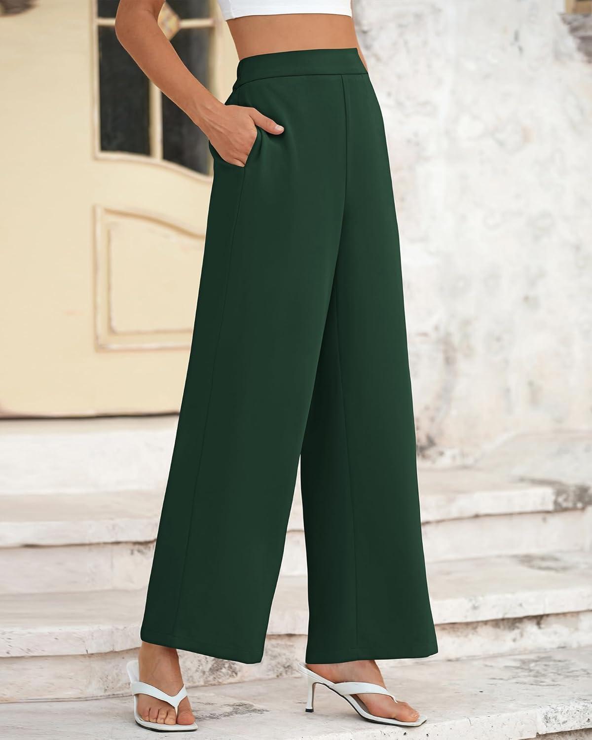 imageBTFBM Women High Waisted Wide Leg Pants Fall 2025 Business Casual Work Dress Pants Loose Office Palazzo Trousers PocketsDark Green