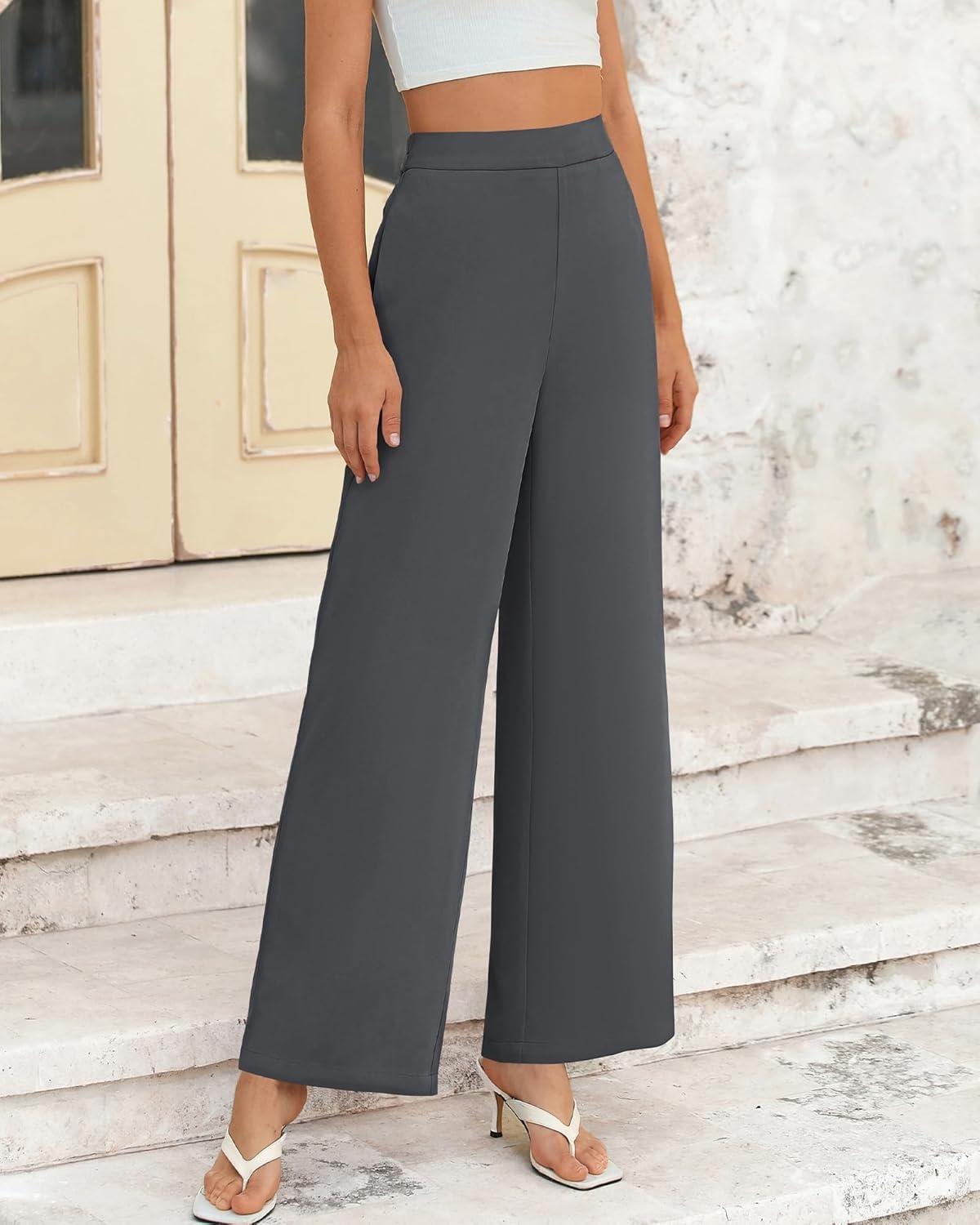 imageBTFBM Women High Waisted Wide Leg Pants Fall 2025 Business Casual Work Dress Pants Loose Office Palazzo Trousers PocketsDark Grey
