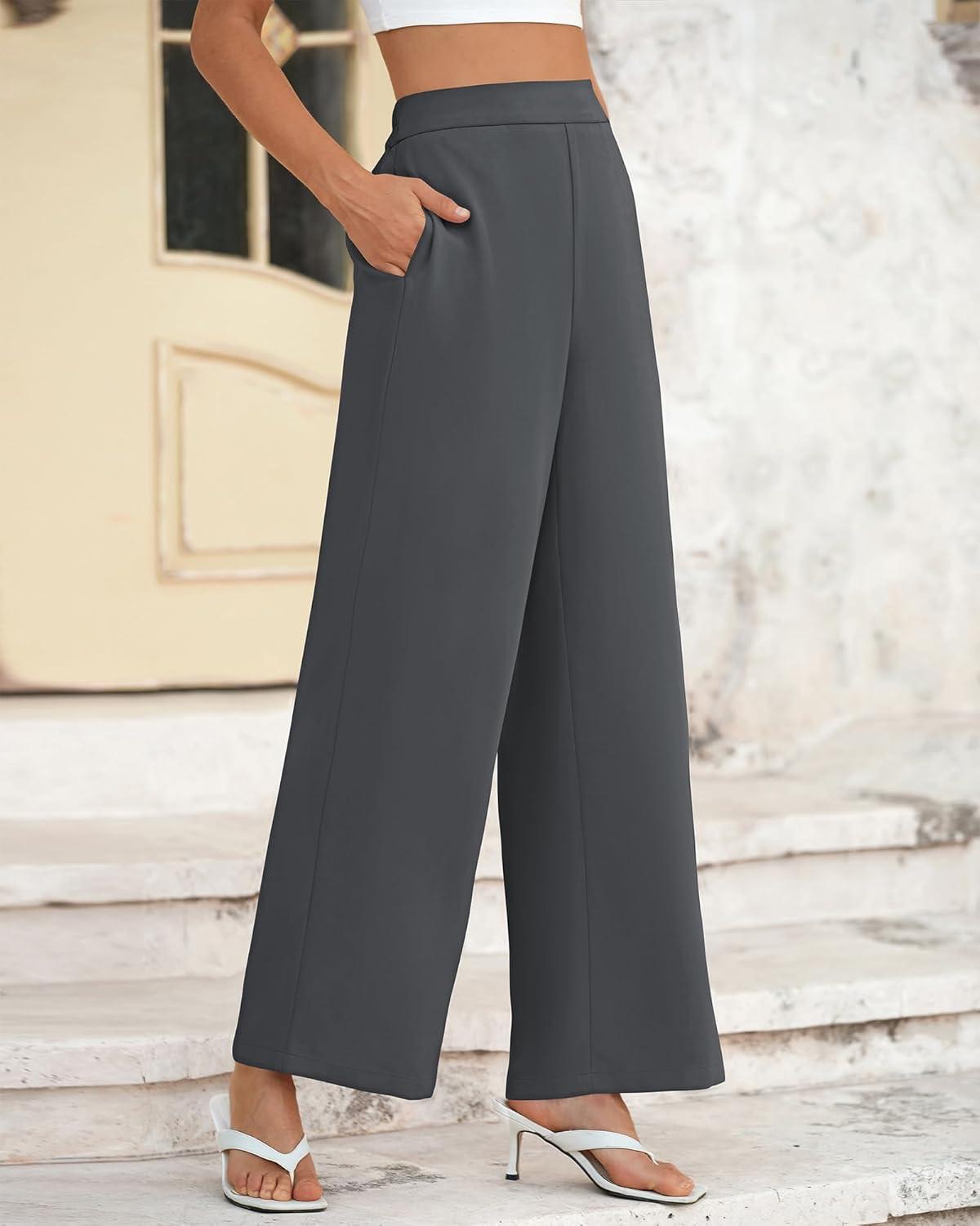 imageBTFBM Women High Waisted Wide Leg Pants Fall 2025 Business Casual Work Dress Pants Loose Office Palazzo Trousers PocketsDark Grey