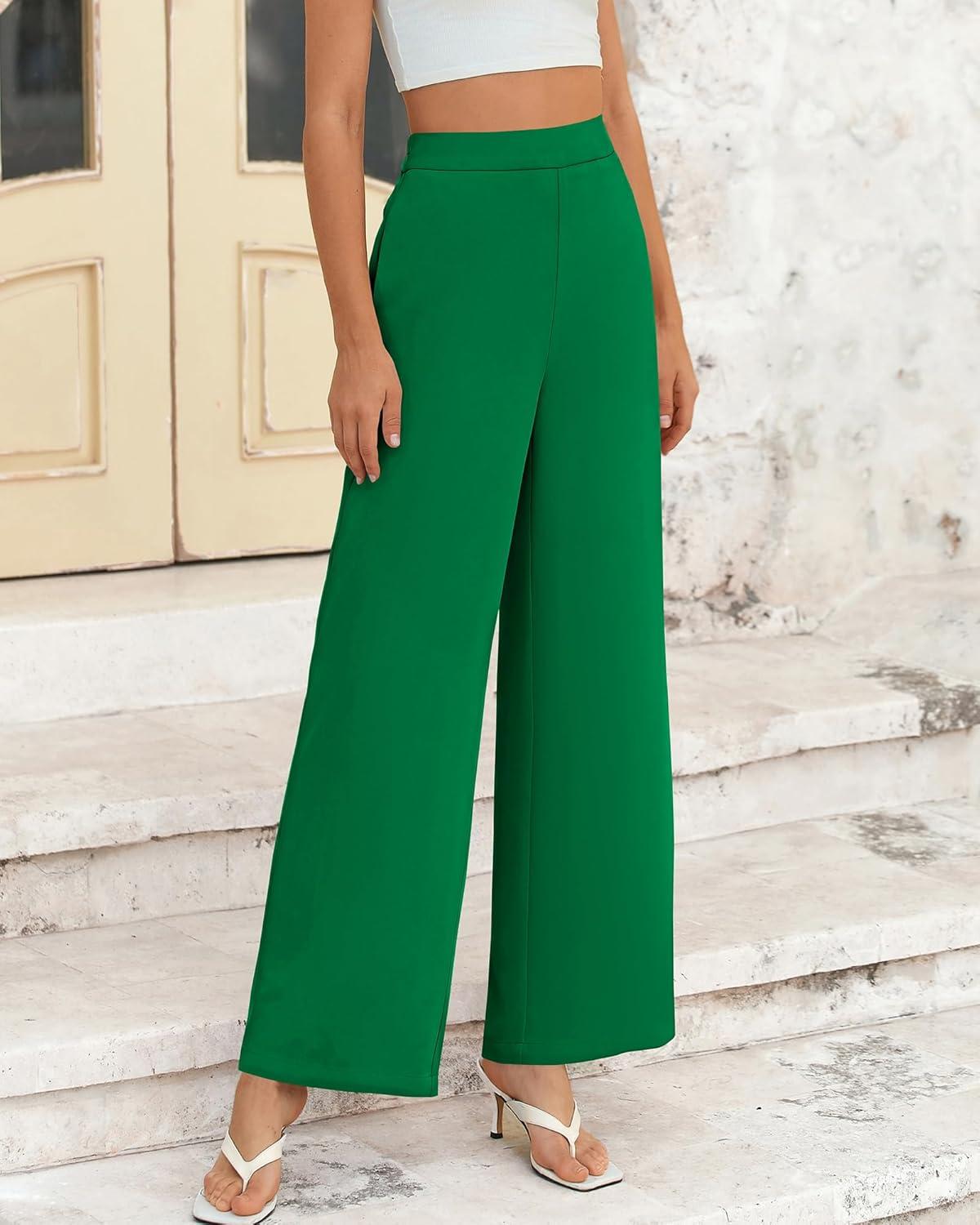 imageBTFBM Women High Waisted Wide Leg Pants Fall 2025 Business Casual Work Dress Pants Loose Office Palazzo Trousers PocketsGreen