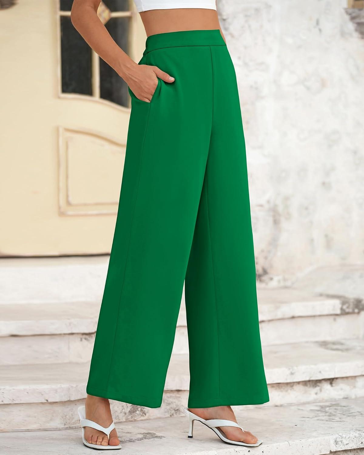 imageBTFBM Women High Waisted Wide Leg Pants Fall 2025 Business Casual Work Dress Pants Loose Office Palazzo Trousers PocketsGreen