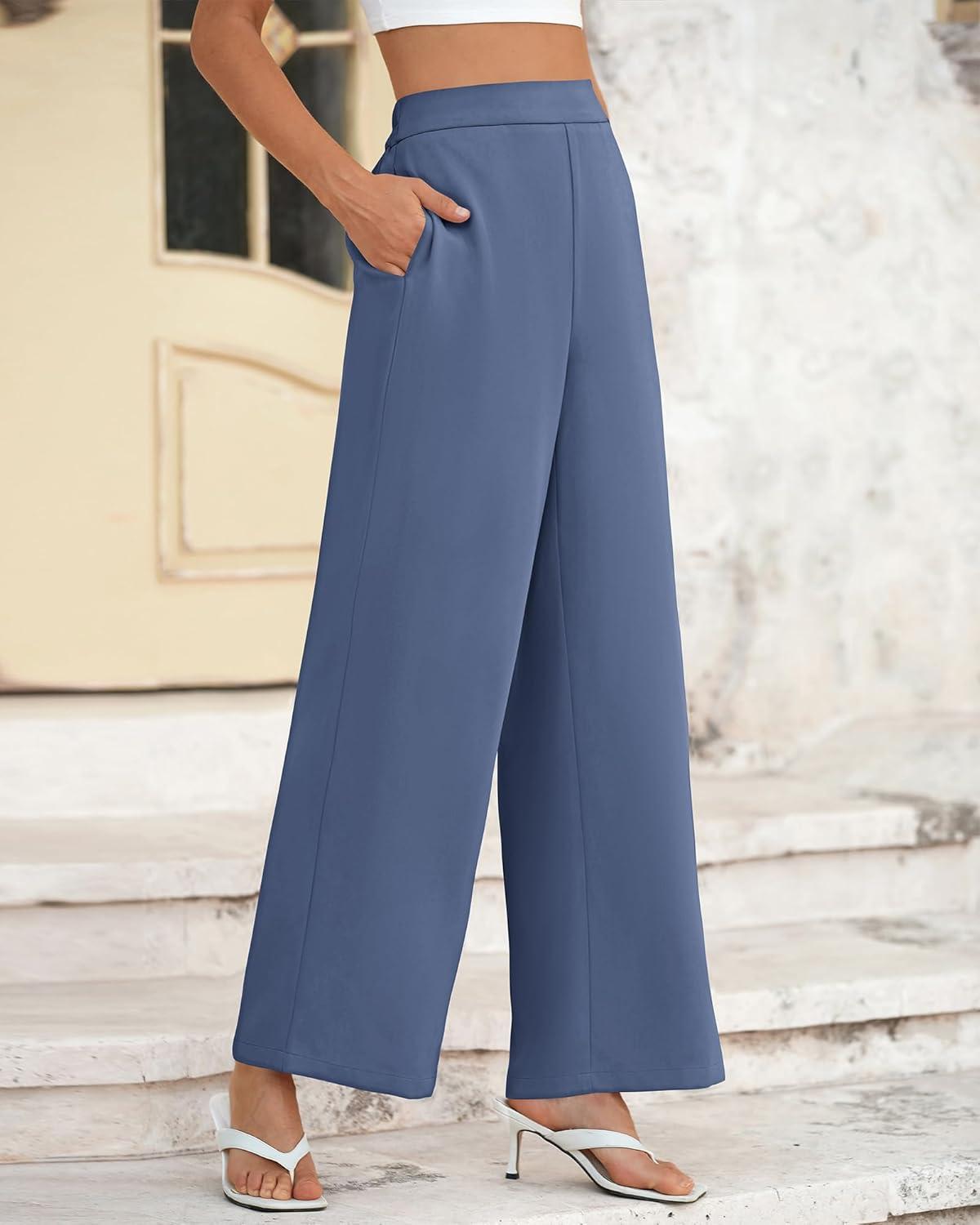 imageBTFBM Women High Waisted Wide Leg Pants Fall 2025 Business Casual Work Dress Pants Loose Office Palazzo Trousers PocketsGrey Blue