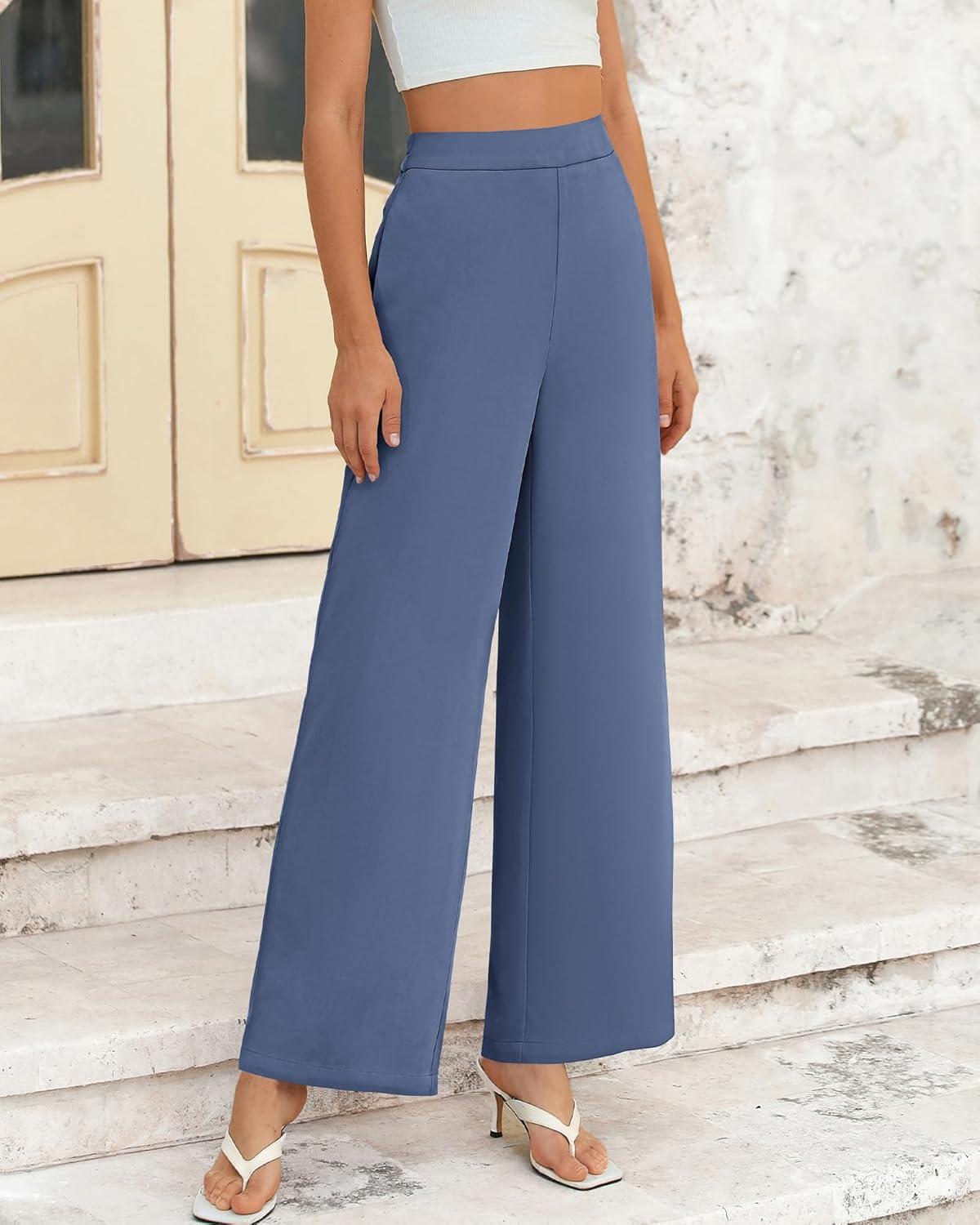 imageBTFBM Women High Waisted Wide Leg Pants Fall 2025 Business Casual Work Dress Pants Loose Office Palazzo Trousers PocketsGrey Blue