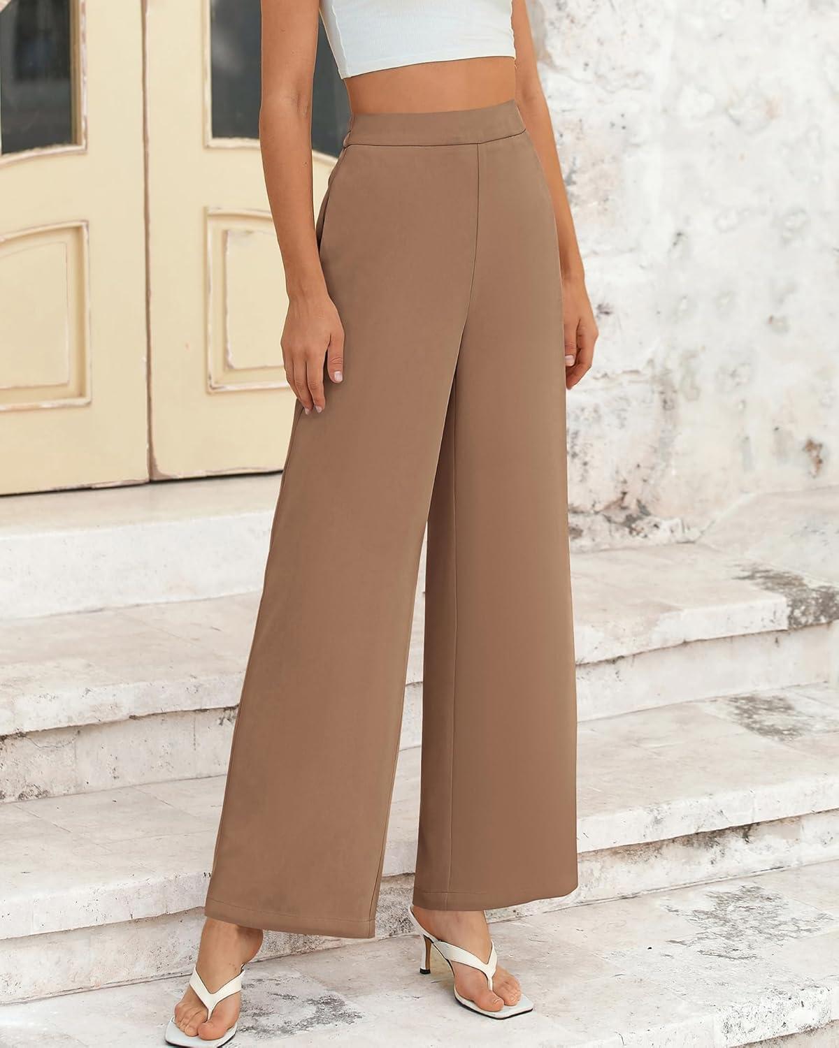 imageBTFBM Women High Waisted Wide Leg Pants Fall 2025 Business Casual Work Dress Pants Loose Office Palazzo Trousers PocketsKhaki