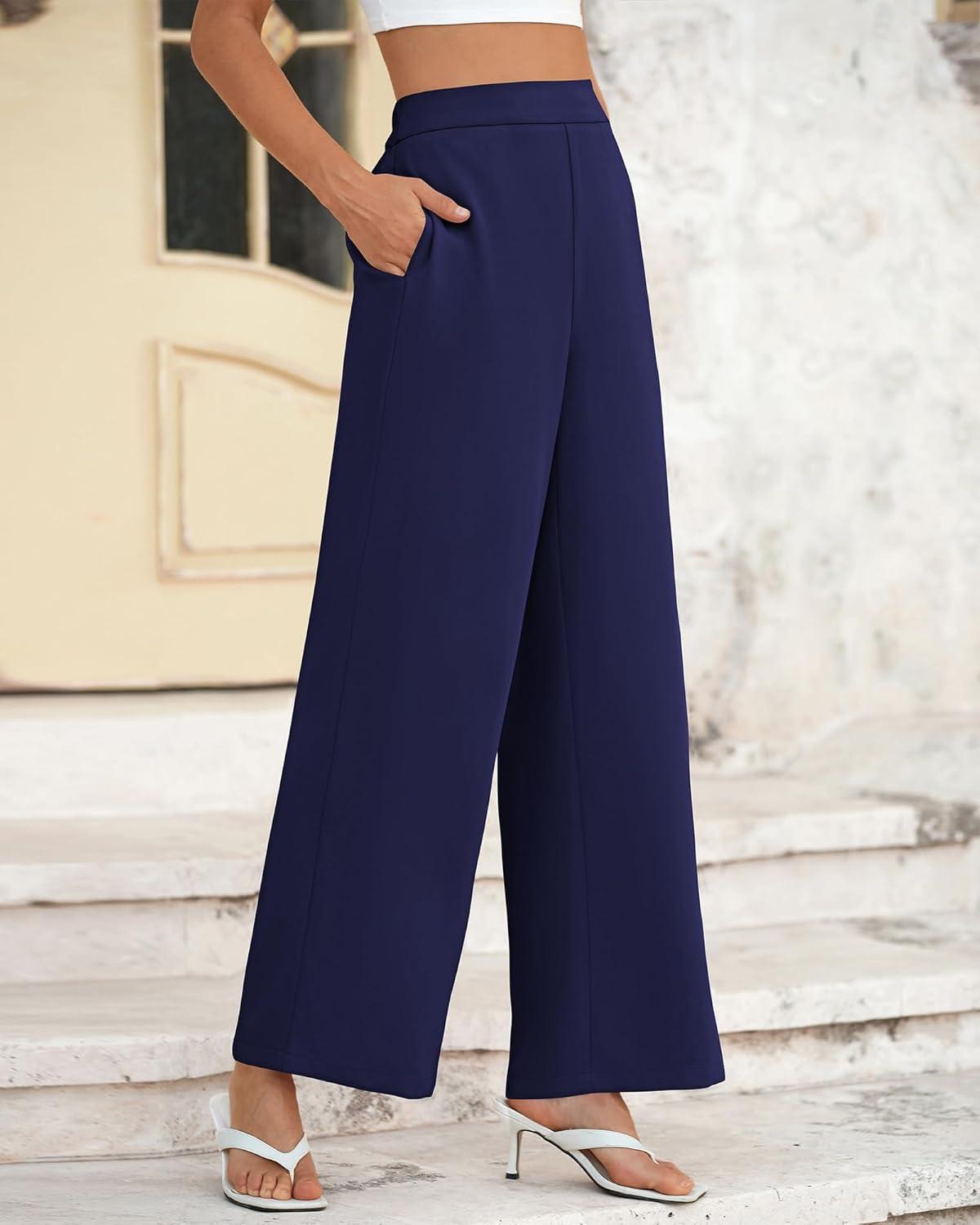 imageBTFBM Women High Waisted Wide Leg Pants Fall 2025 Business Casual Work Dress Pants Loose Office Palazzo Trousers PocketsNavy