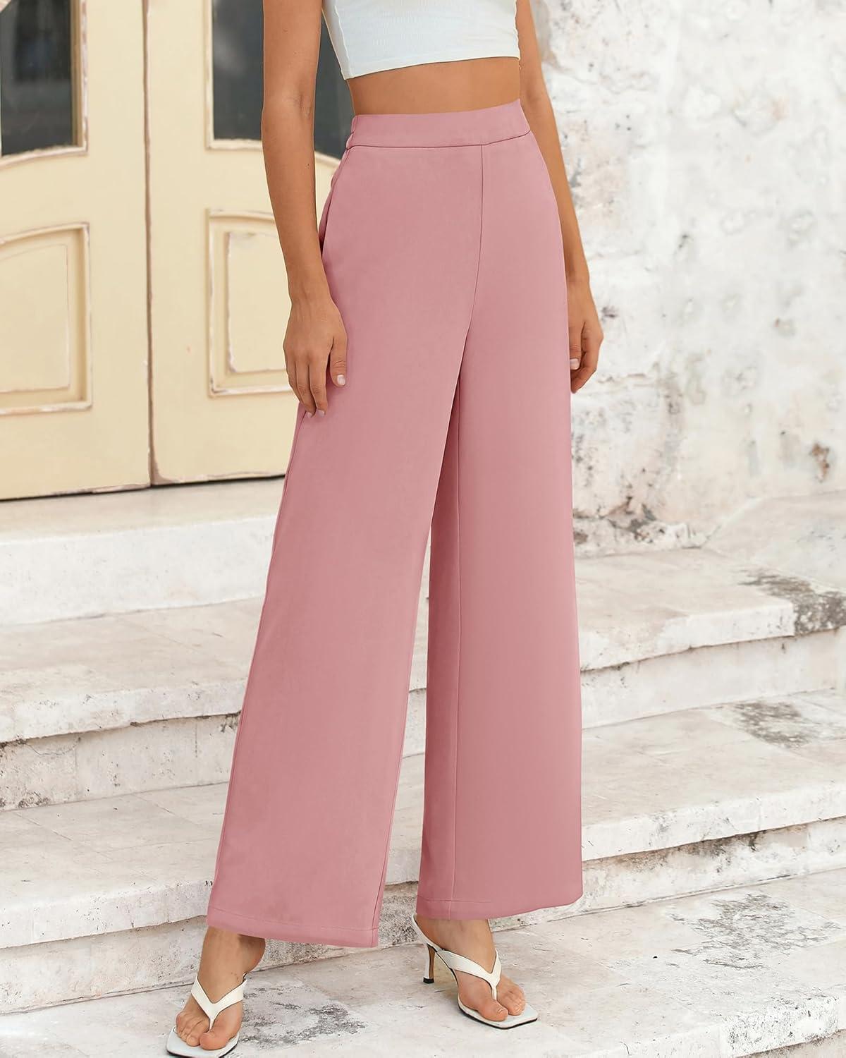 imageBTFBM Women High Waisted Wide Leg Pants Fall 2025 Business Casual Work Dress Pants Loose Office Palazzo Trousers PocketsPink