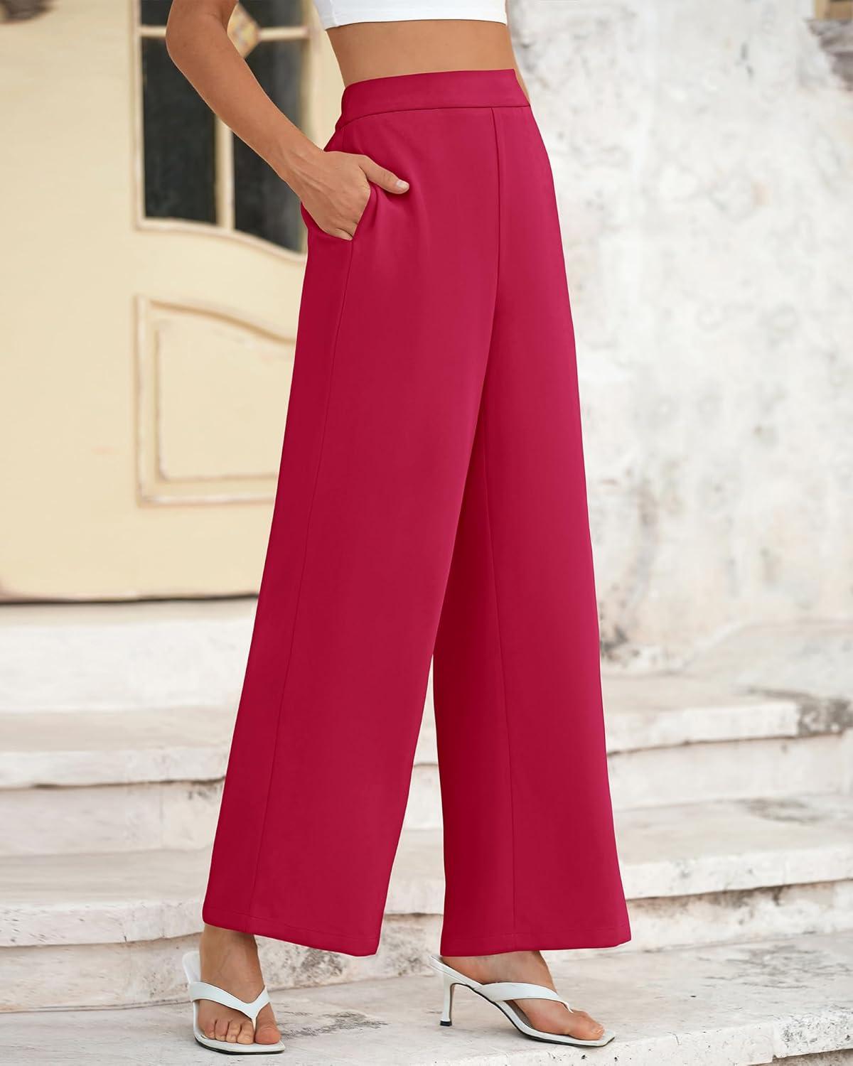 imageBTFBM Women High Waisted Wide Leg Pants Fall 2025 Business Casual Work Dress Pants Loose Office Palazzo Trousers PocketsRose Red