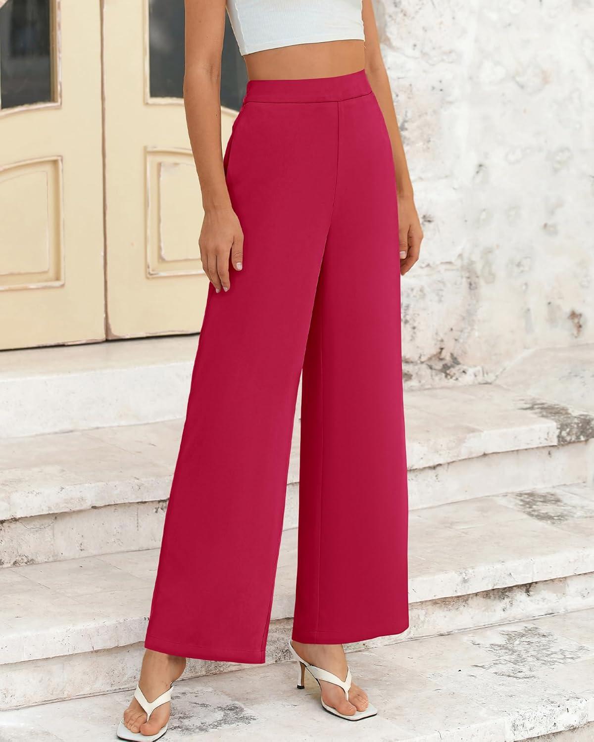 imageBTFBM Women High Waisted Wide Leg Pants Fall 2025 Business Casual Work Dress Pants Loose Office Palazzo Trousers PocketsRose Red