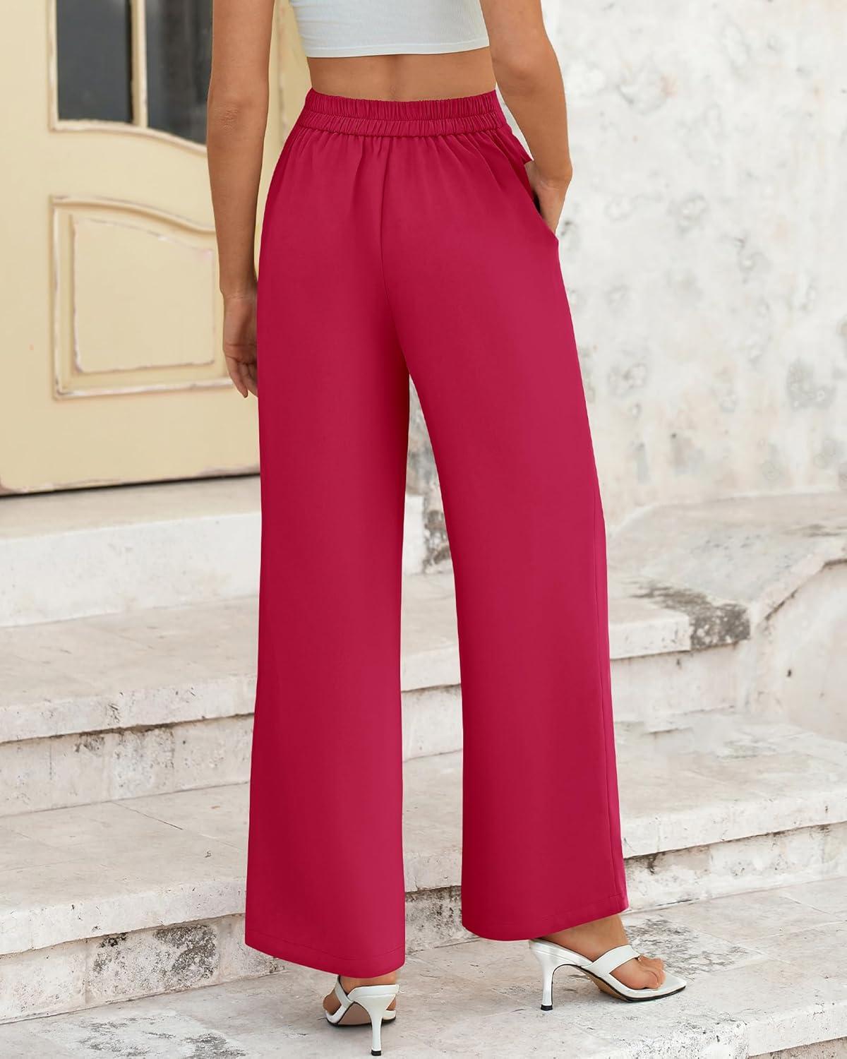 imageBTFBM Women High Waisted Wide Leg Pants Fall 2025 Business Casual Work Dress Pants Loose Office Palazzo Trousers PocketsRose Red