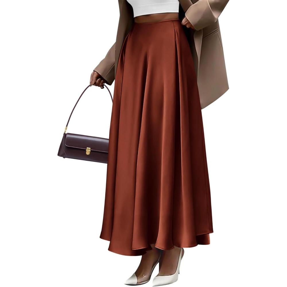 imageBTFBM High Waisted Skirts for Women Fall Clothes 2025 Elegant Satin Flowy ALine Cocktail Formal Night Out Maxi SkirtBrown