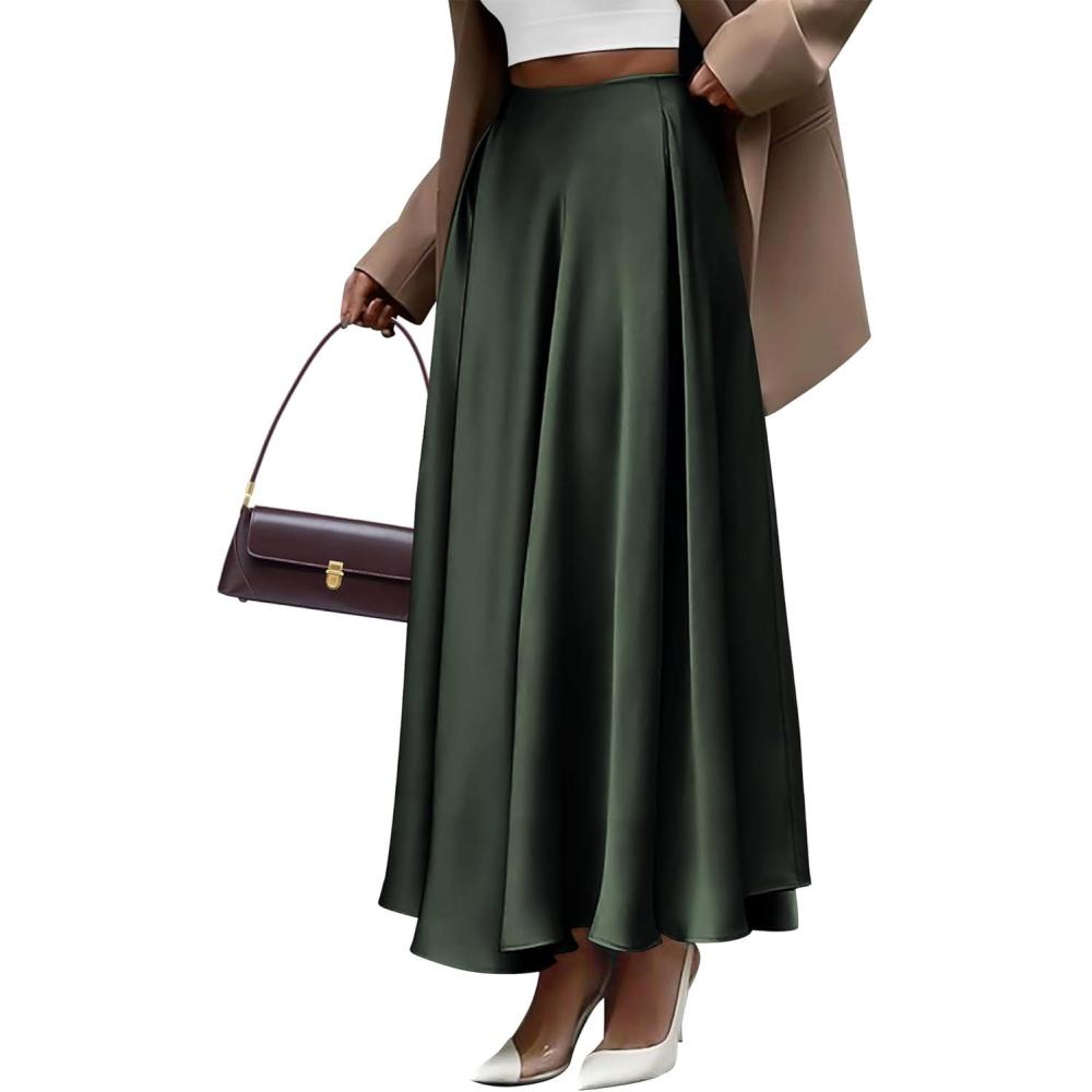 imageBTFBM High Waisted Skirts for Women Fall Clothes 2025 Elegant Satin Flowy ALine Cocktail Formal Night Out Maxi SkirtDark Army Green