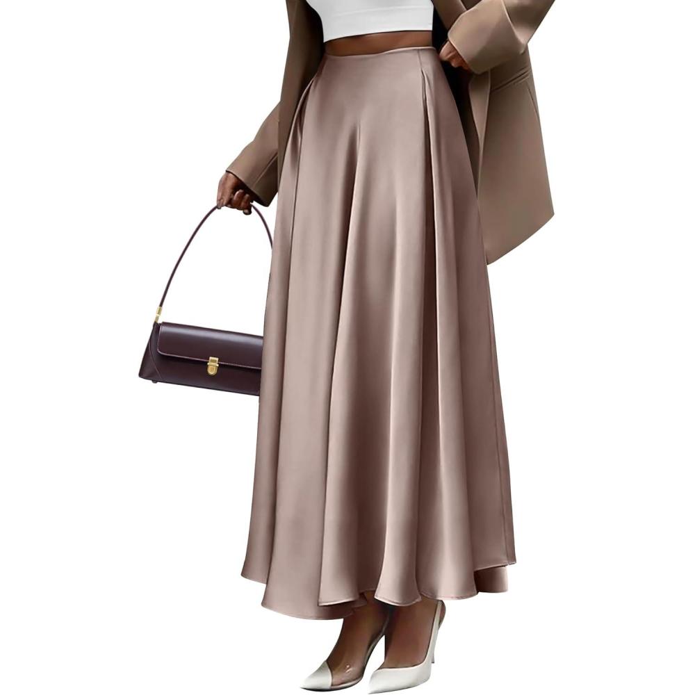 imageBTFBM High Waisted Skirts for Women Fall Clothes 2025 Elegant Satin Flowy ALine Cocktail Formal Night Out Maxi SkirtLight Khaki