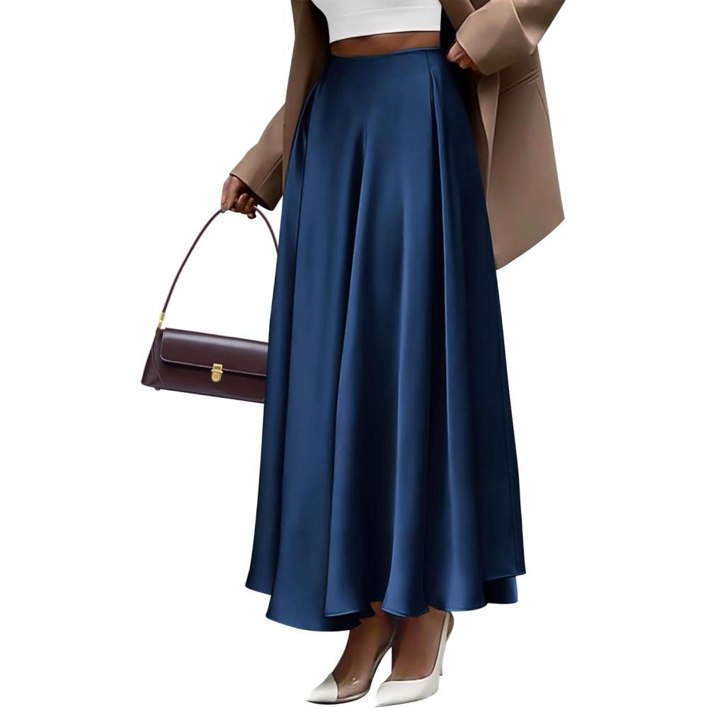 imageBTFBM High Waisted Skirts for Women Fall Clothes 2025 Elegant Satin Flowy ALine Cocktail Formal Night Out Maxi SkirtNavy